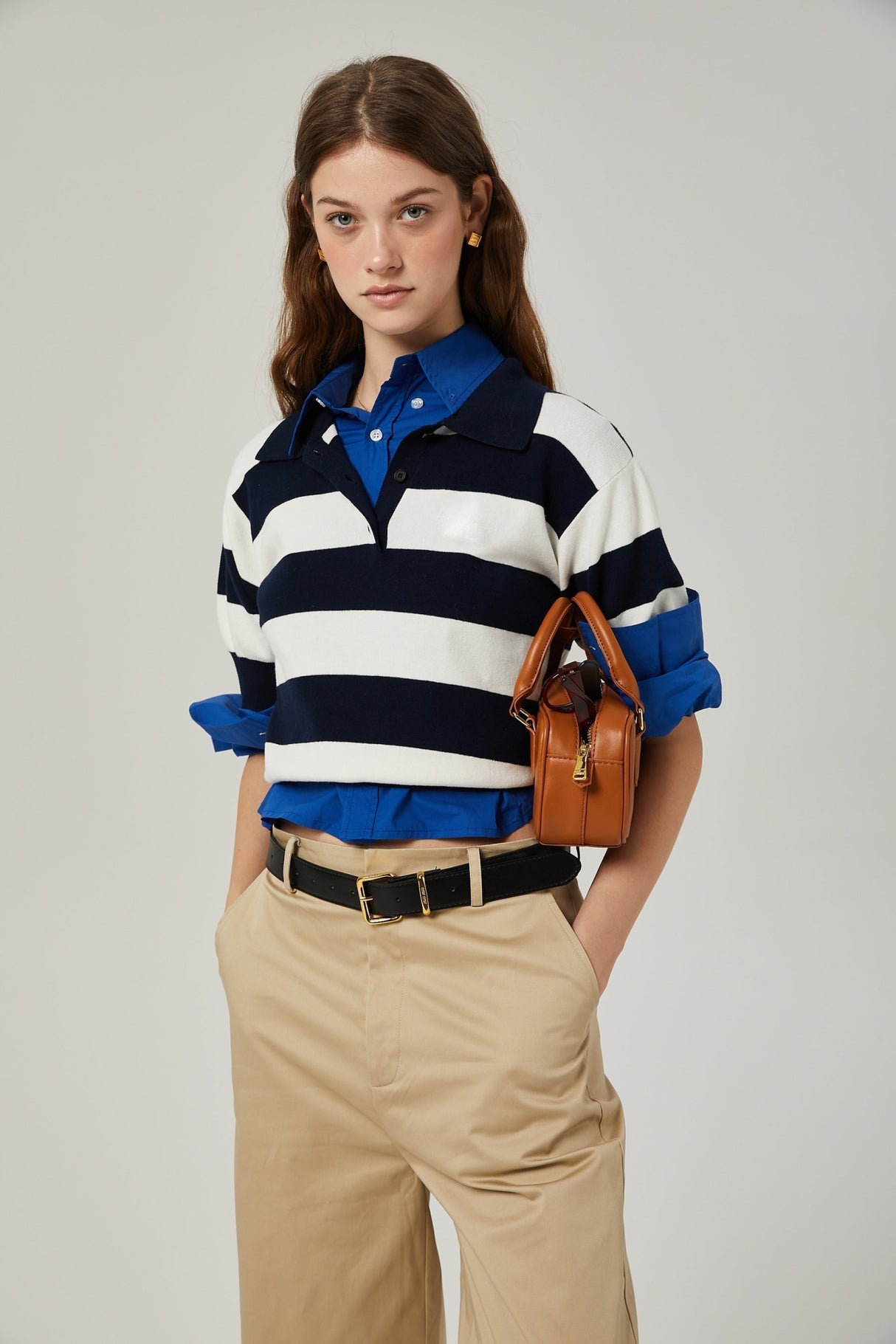 Isabella Shirt - Color Blocked Lapel Collar - Chic Stripe Design - Trendy Short Sleeves - Stretch Waist Comfort