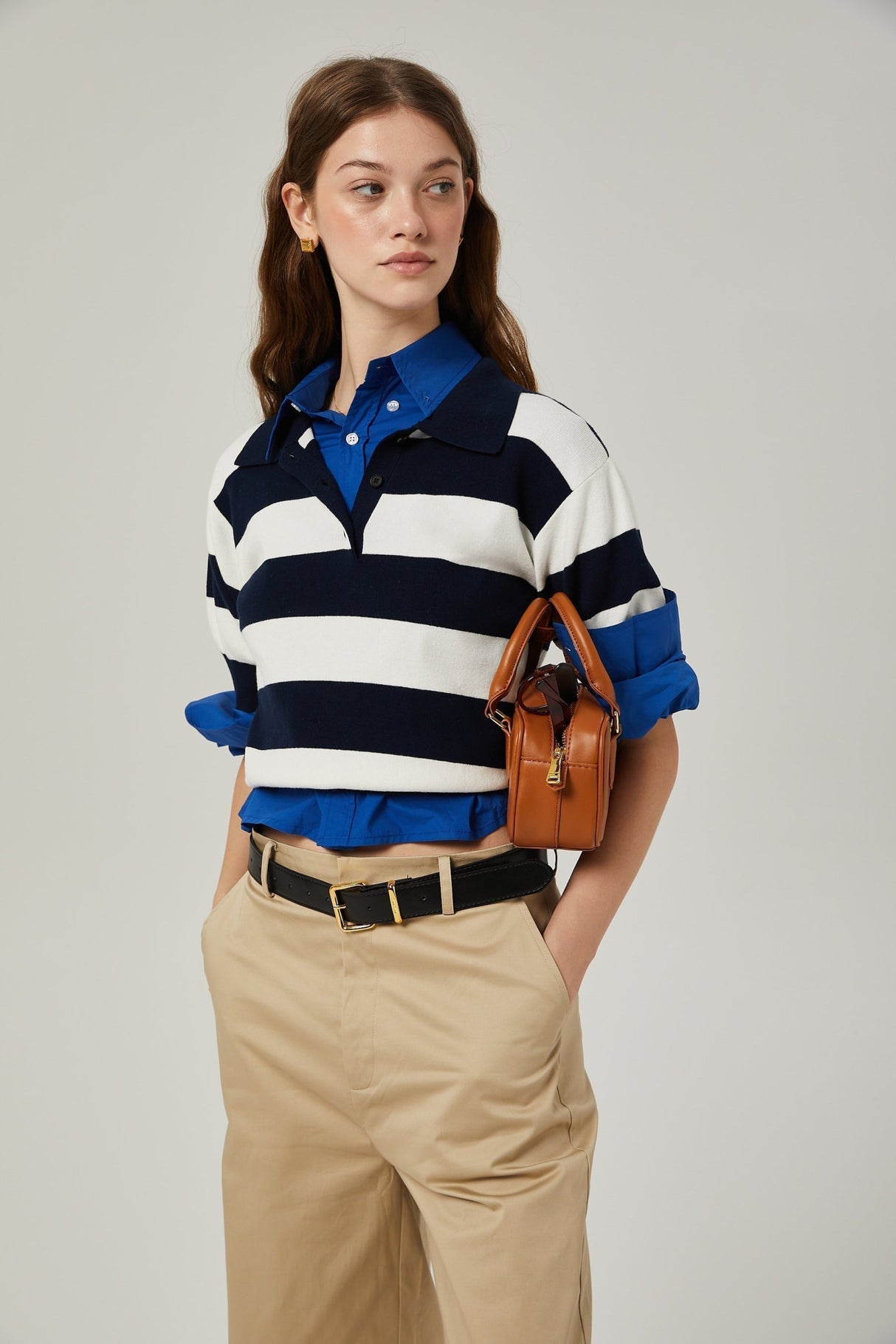 Isabella Shirt - Color Blocked Lapel Collar - Chic Stripe Design - Trendy Short Sleeves - Stretch Waist Comfort