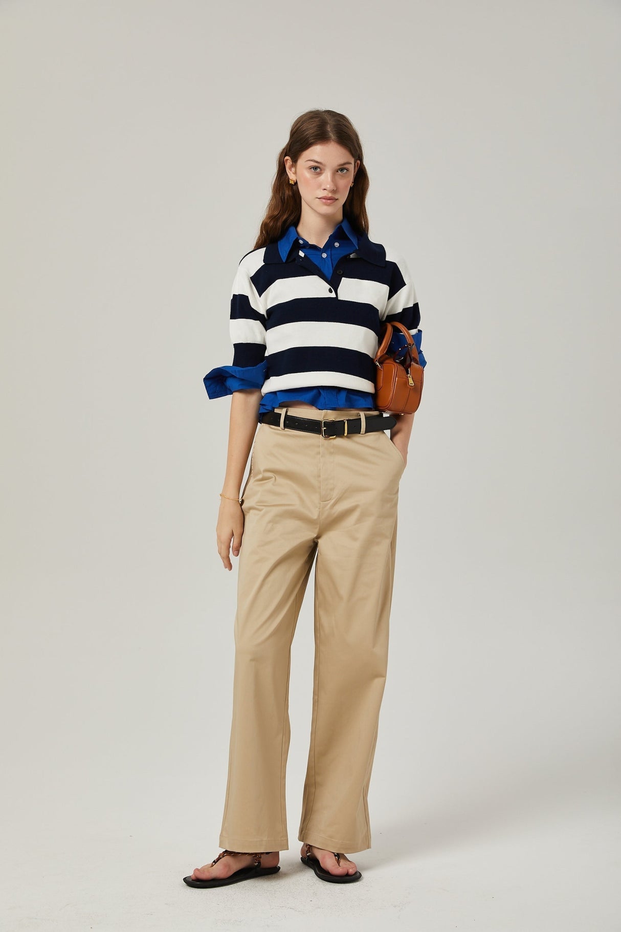 Isabella Shirt - Color Blocked Lapel Collar - Chic Stripe Design - Trendy Short Sleeves - Stretch Waist Comfort