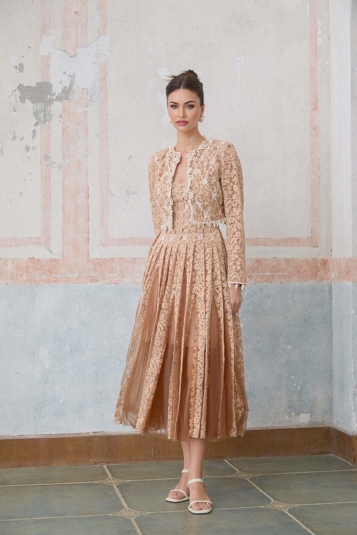 Isabelle Cardigan & Dress Set – Crochet Lace – Tulle Midi Dress – Pleated Godet Skirt