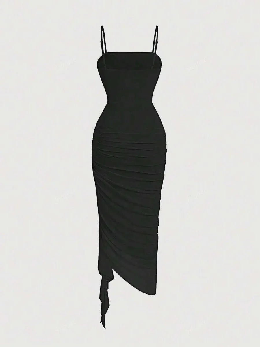 Isabelle Midi Dress - Spaghetti Strap Neckline - Asymmetrical Hem - Cami Style - Ruched Details - Elegant