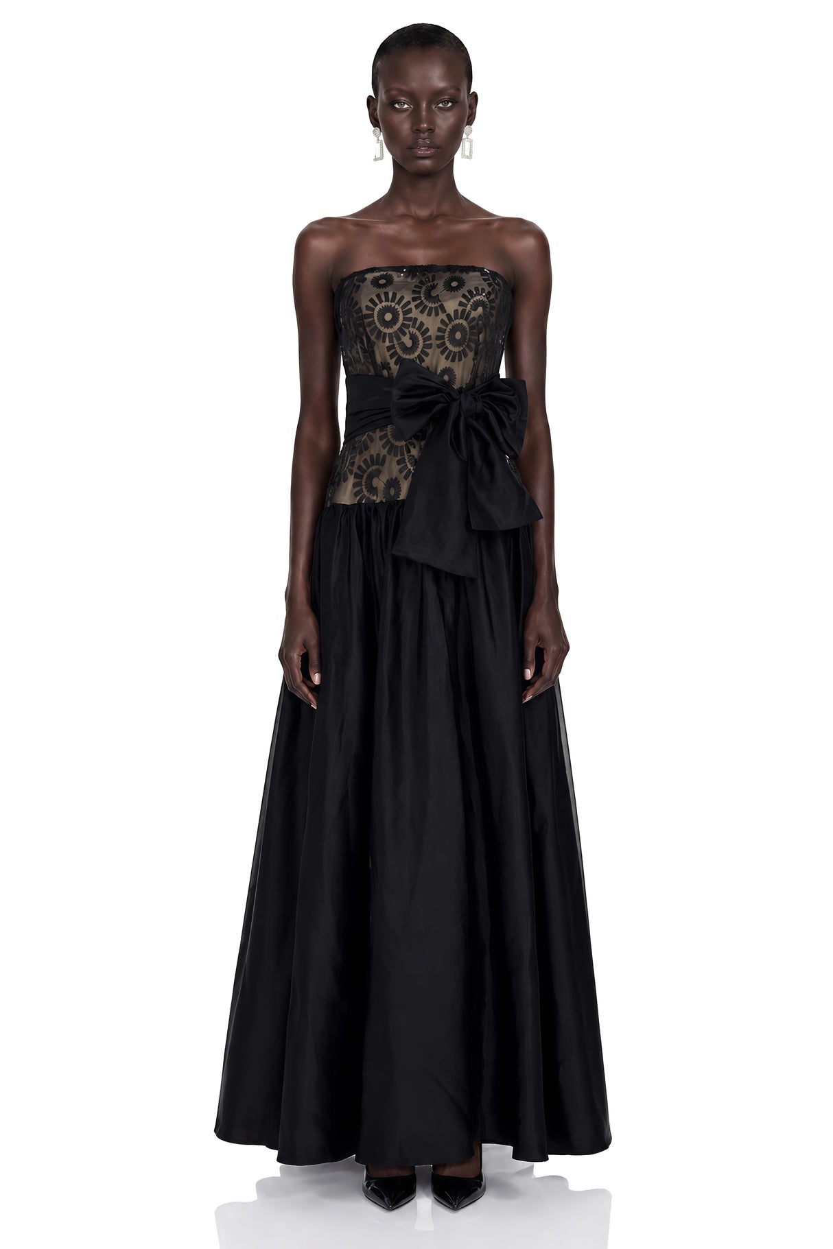 Isadora Black Geometric Print Off Shoulder Maxi Dress with Bow