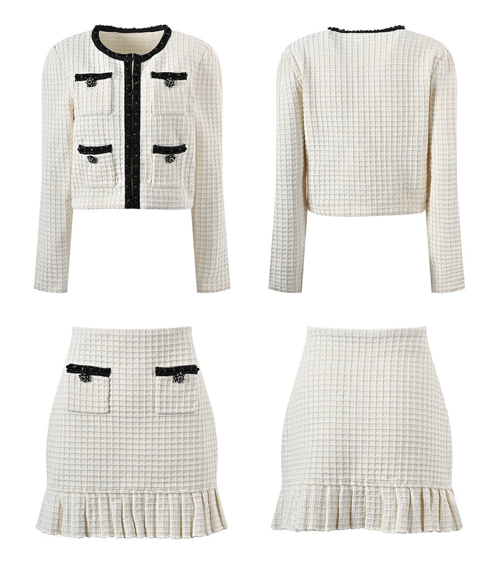 Isadora Jacket & Skirt Set - Textured Knit Pattern - Accents - Ruffled Hem - Decorative Buttons - Elegant