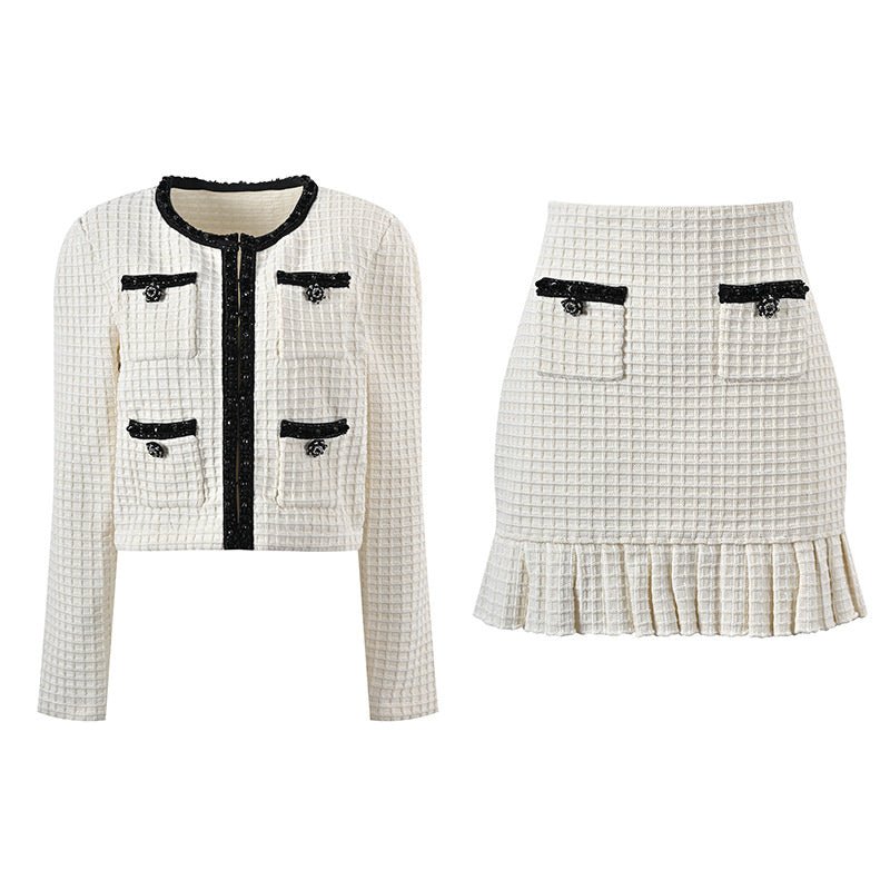 Isadora Jacket & Skirt Set - Textured Knit Pattern - Accents - Ruffled Hem - Decorative Buttons - Elegant