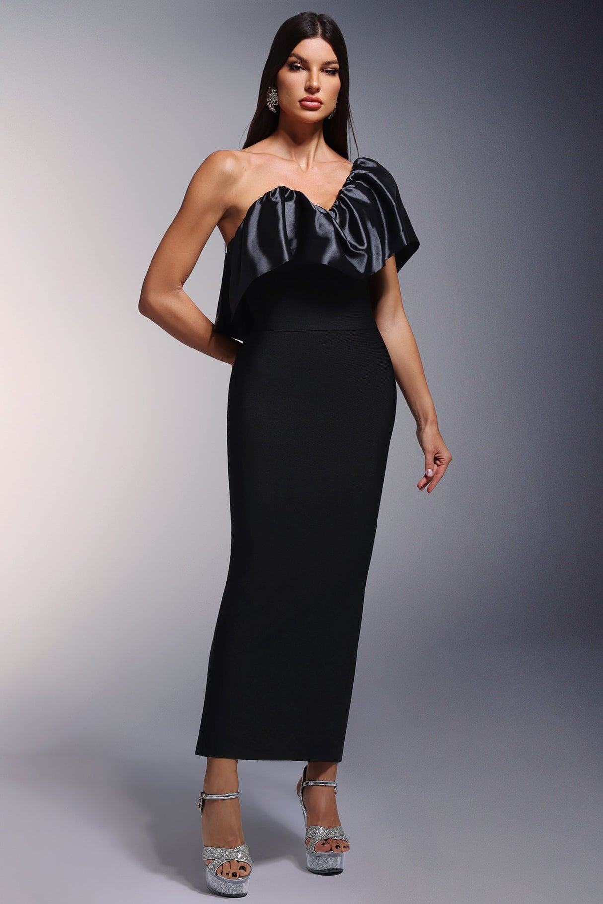 Iside Black Asymmetrical Neckline Falbala Detailing Form-Fitting Silhouette Luxurious Fabric Long Length Dress
