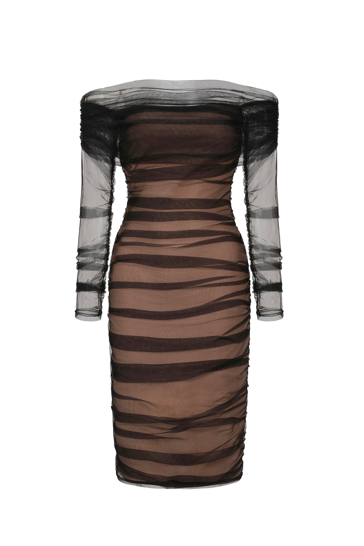 Iside Black Mesh Striped Ruched Off-Shoulder Midi Dress