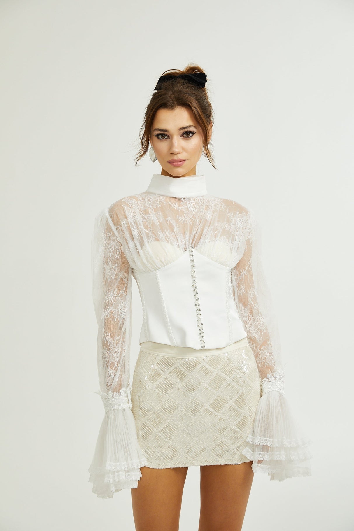 Iside Cropped Top Bell Sleeve Crystal Trim White