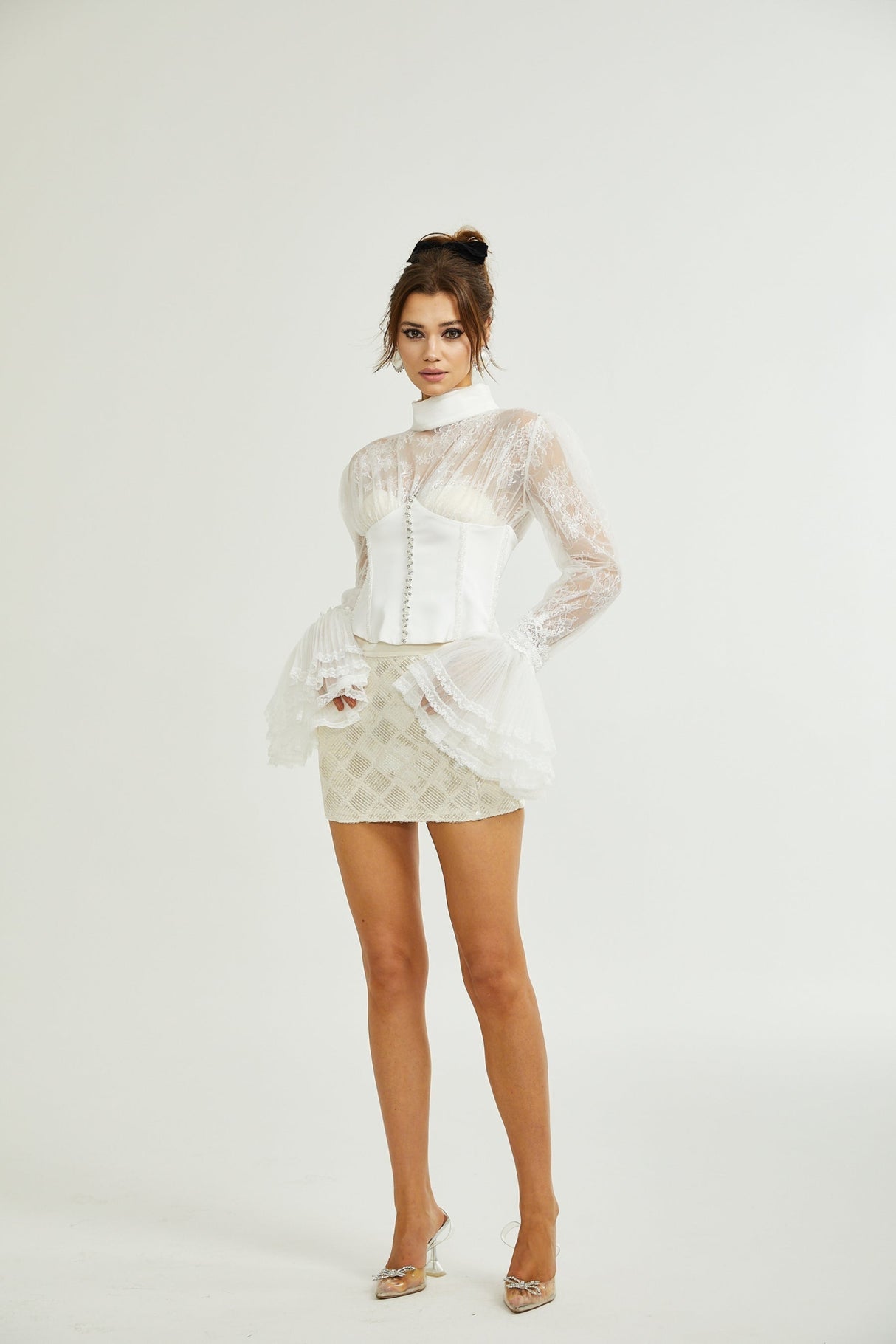 Iside Cropped Top Bell Sleeve Crystal Trim White
