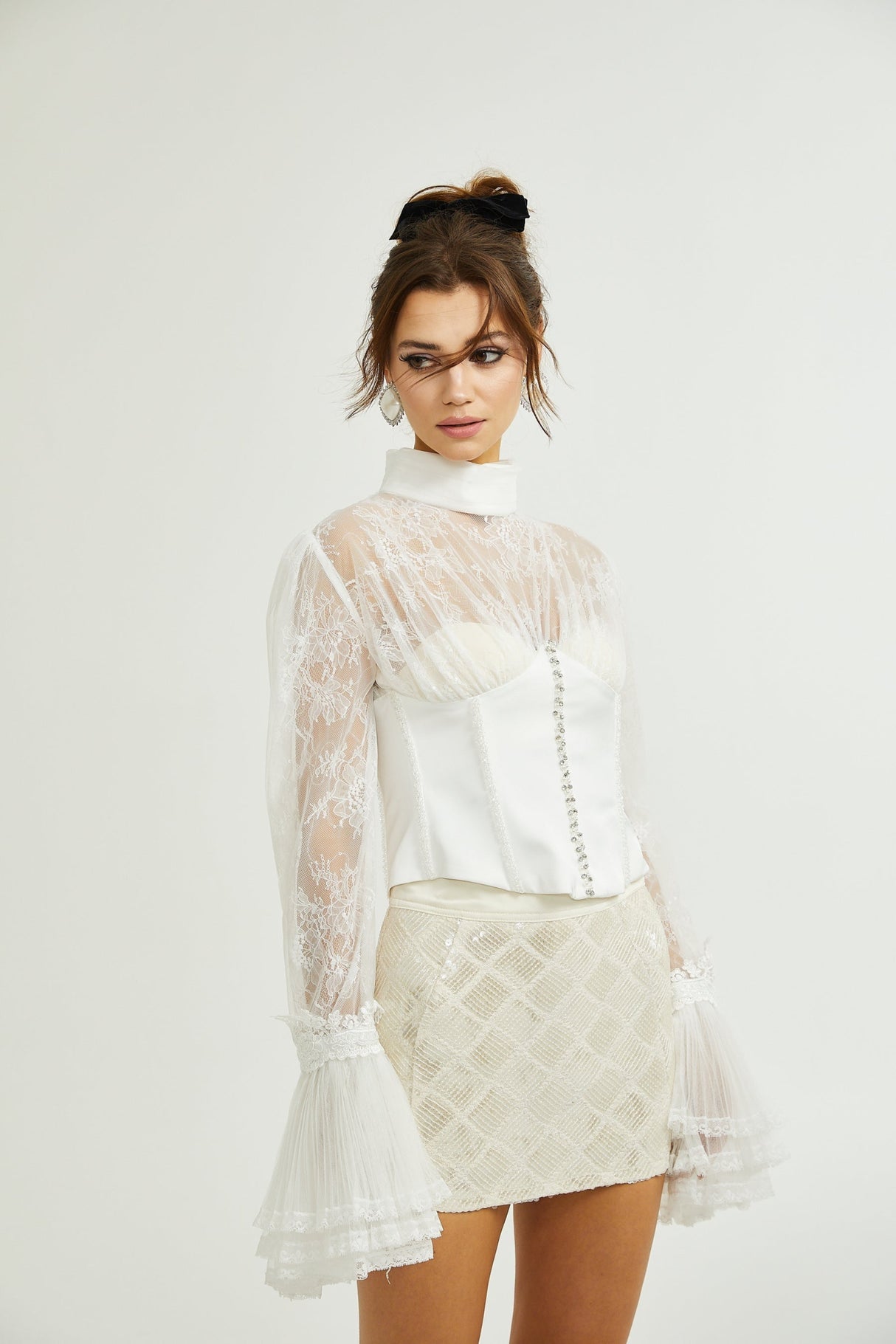 Iside Cropped Top Bell Sleeve Crystal Trim White