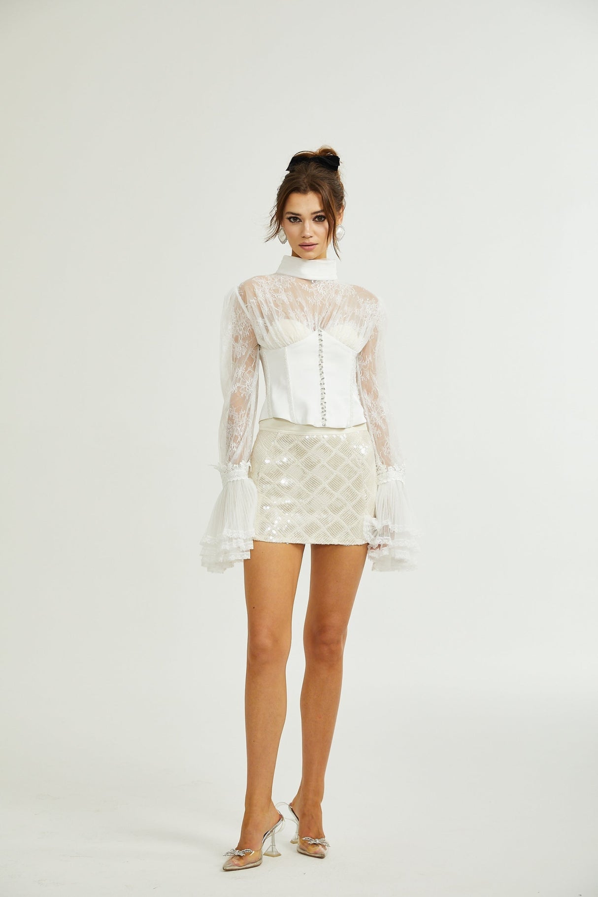 Iside Cropped Top Bell Sleeve Crystal Trim White