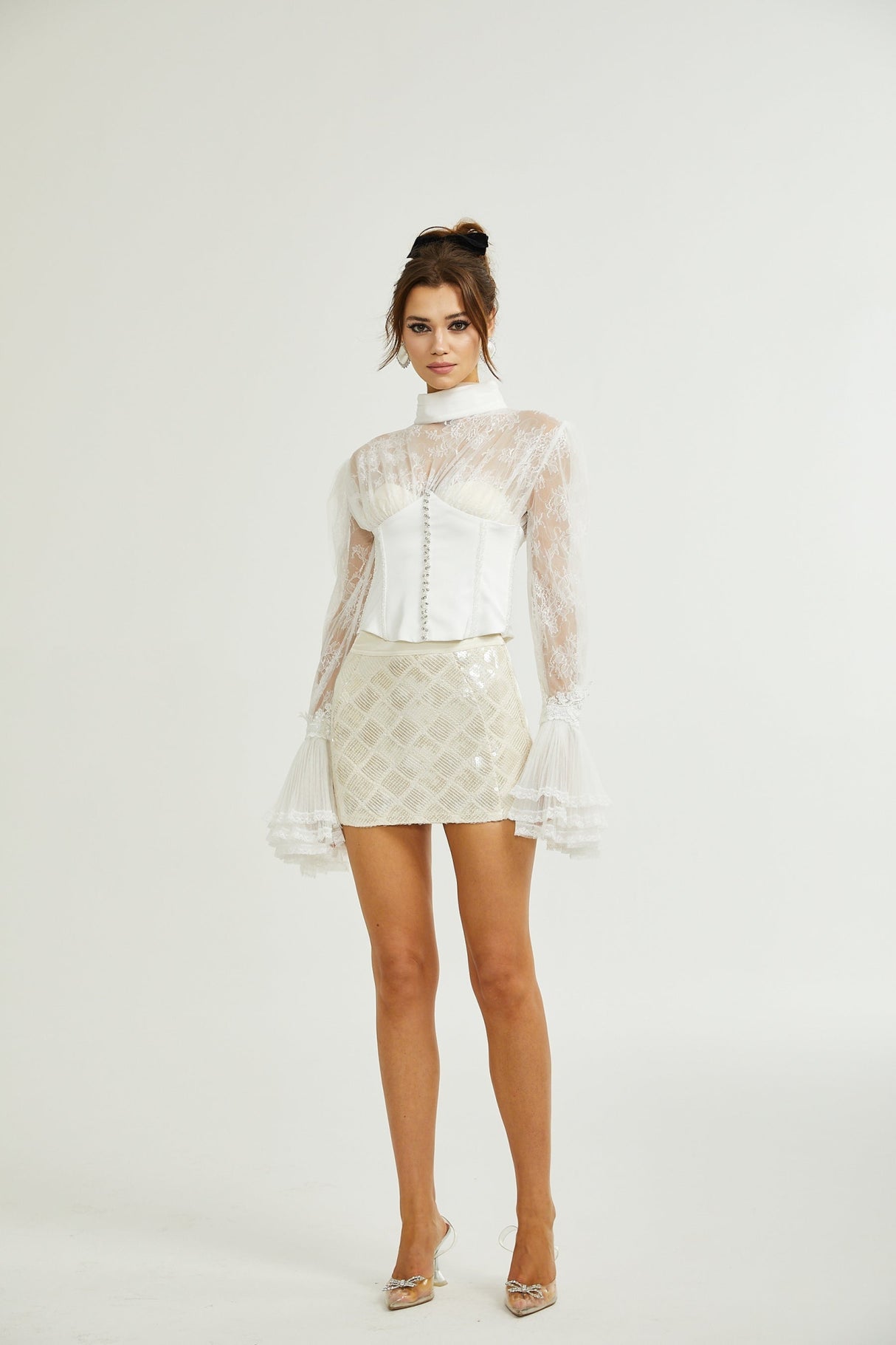 Iside Cropped Top Bell Sleeve Crystal Trim White