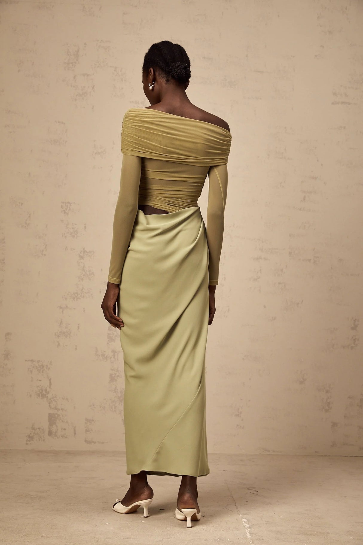 Iside Midi Dress Green Semi - sheer Off - shoulder & Tulle Detail