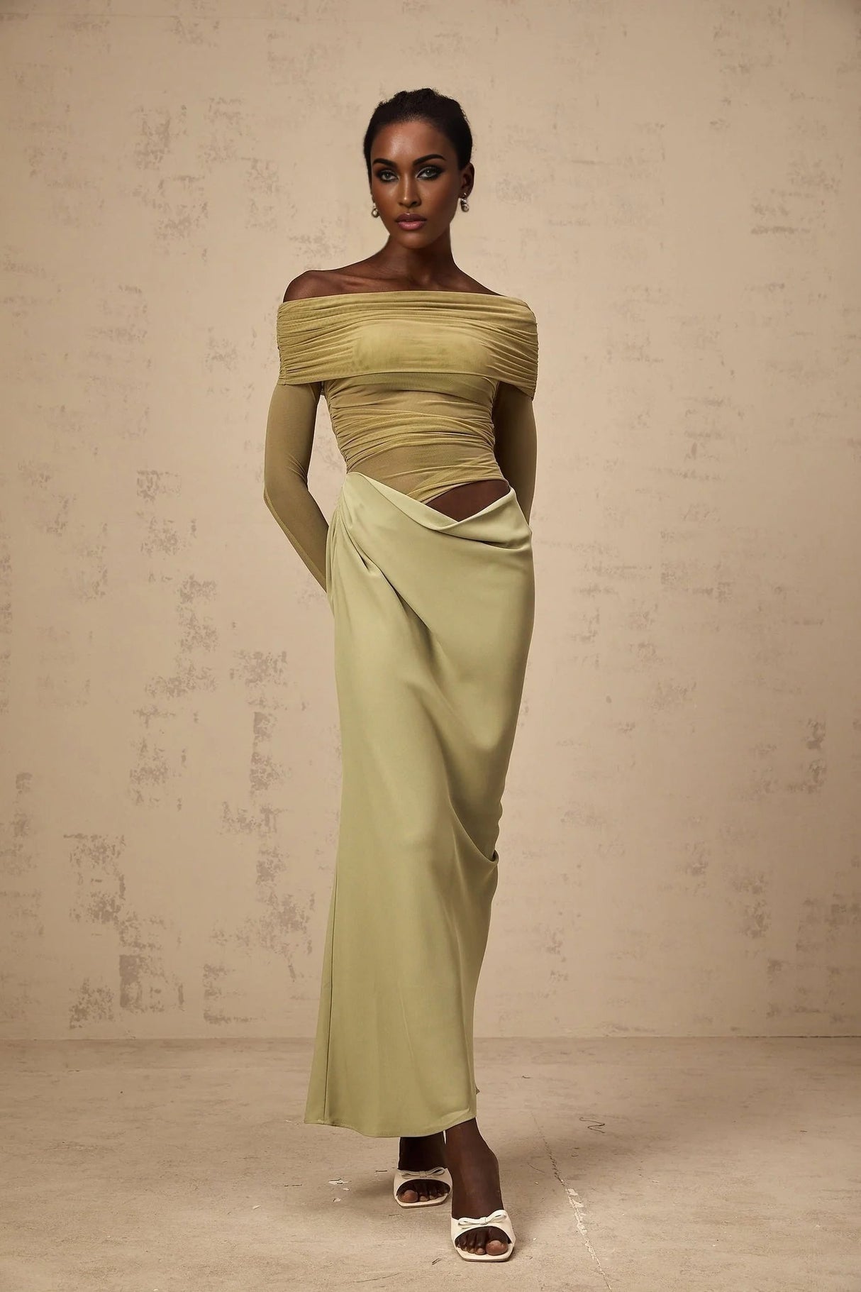 Iside Midi Dress Green Semi - sheer Off - shoulder & Tulle Detail