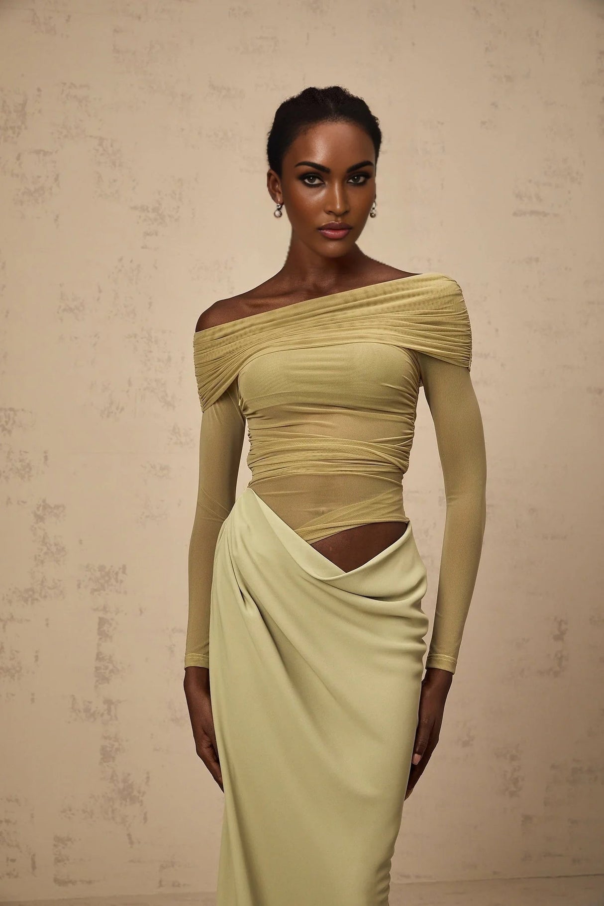 Iside Midi Dress Green Semi - sheer Off - shoulder & Tulle Detail