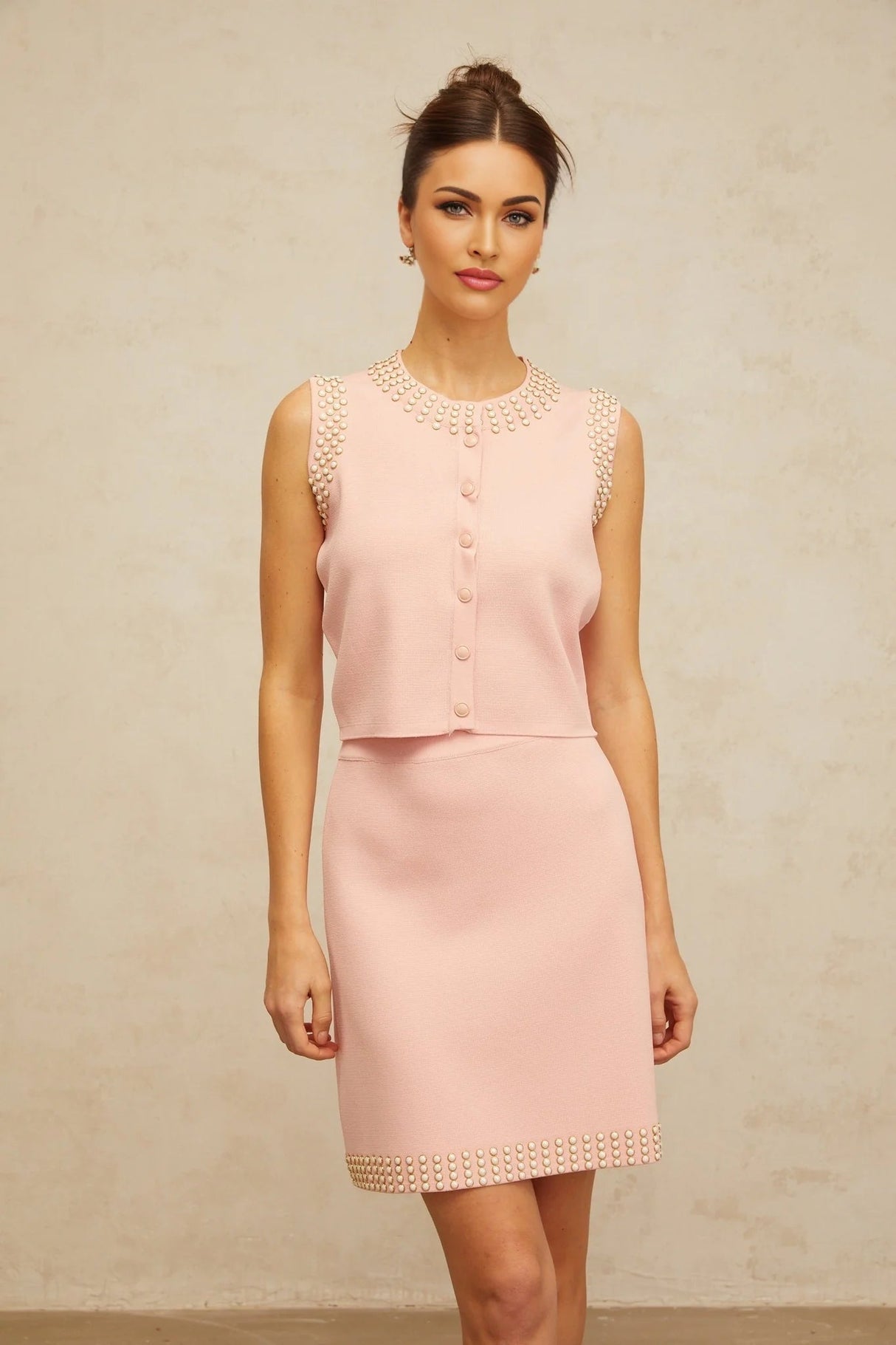 Iside Top & Skirt Set Beaded Knit & - Cerise Pink