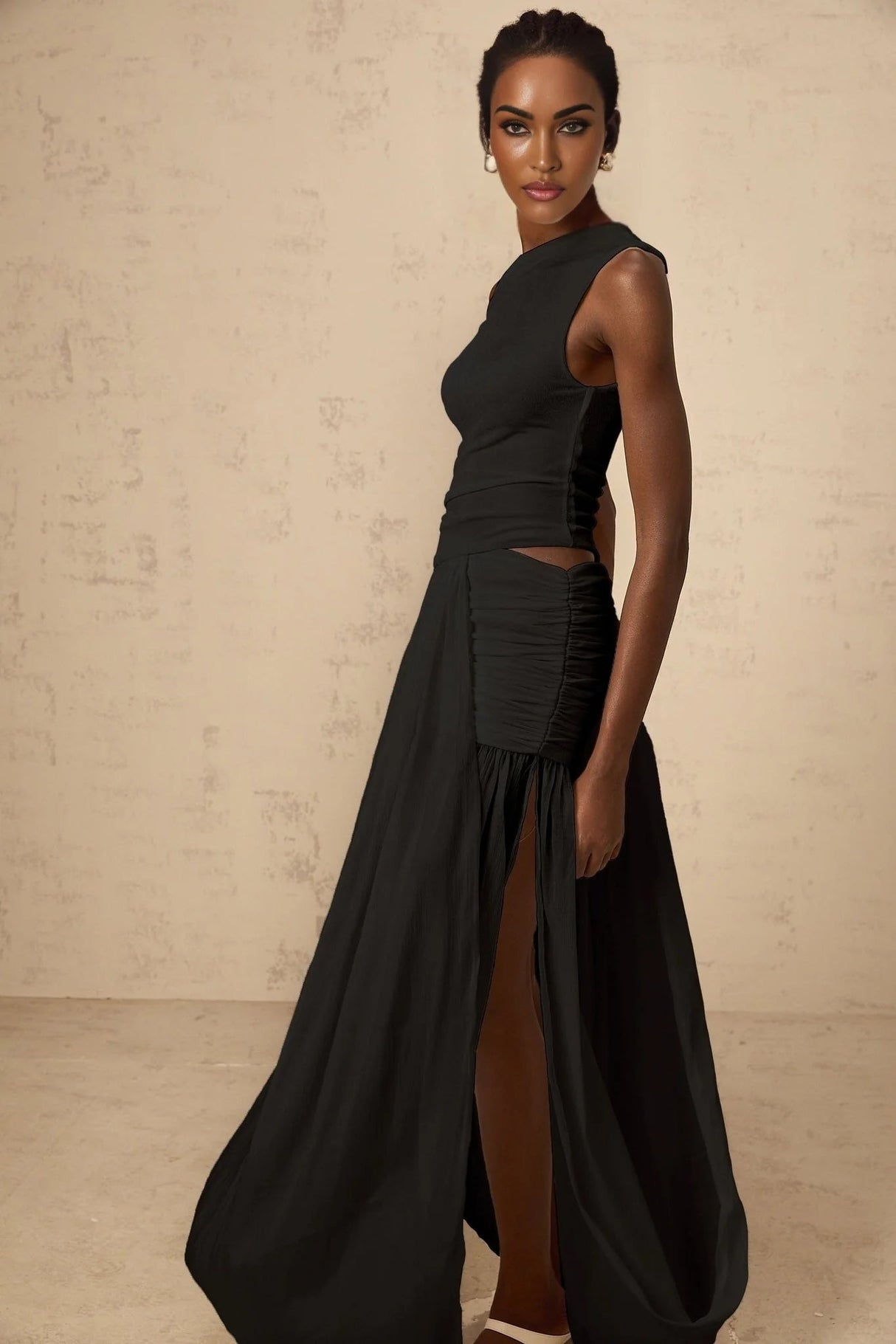 Isla Maxi Dress Black Mono - shoulder Cut - out & Side Slit