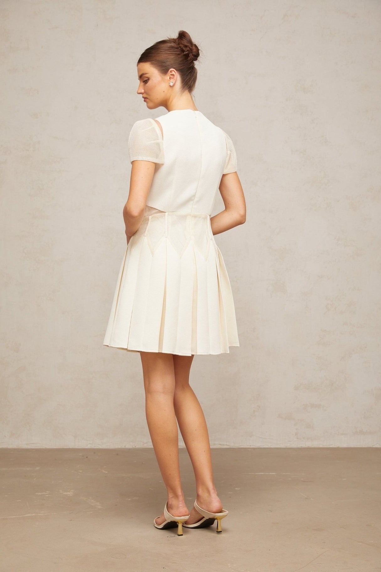 Isla Mini Dress White Floral Embroidered Cinched Waist & Box Pleat