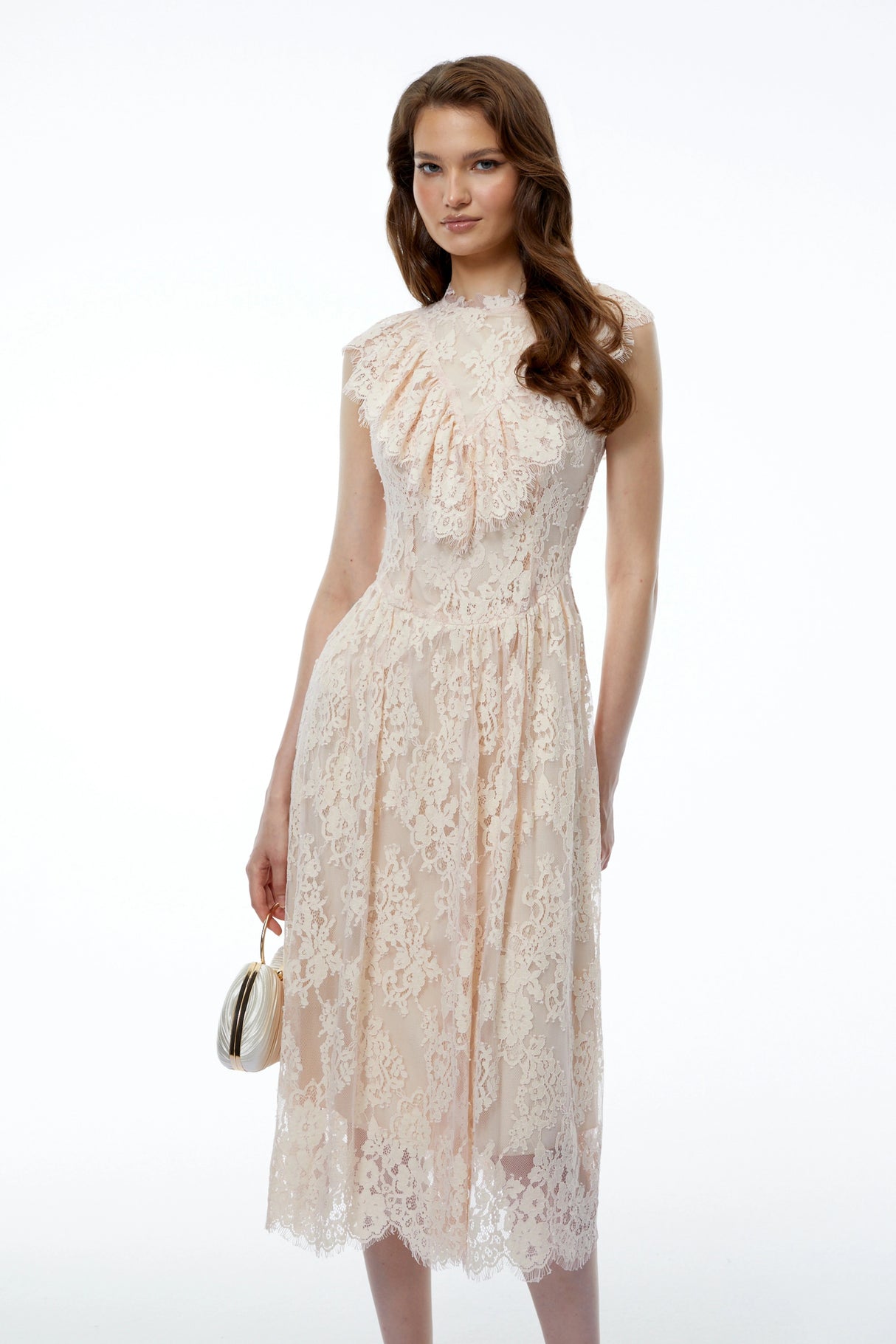 Isla Pink Sleeveless Ruched Midi Dress with Lace Trim
