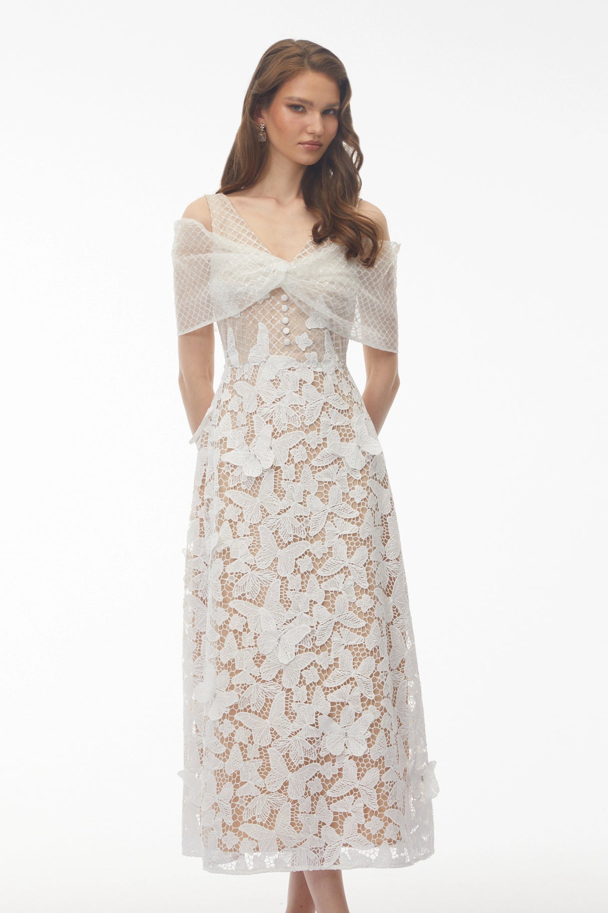 Isla White Cold Shoulder Midi Dress with Butterfly Applique