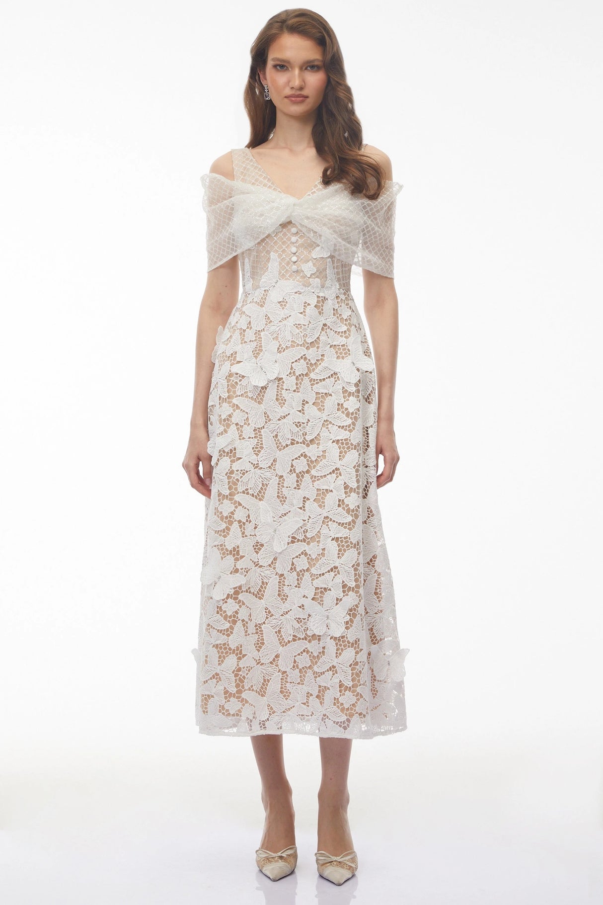 Isla White Cold Shoulder Midi Dress with Butterfly Applique