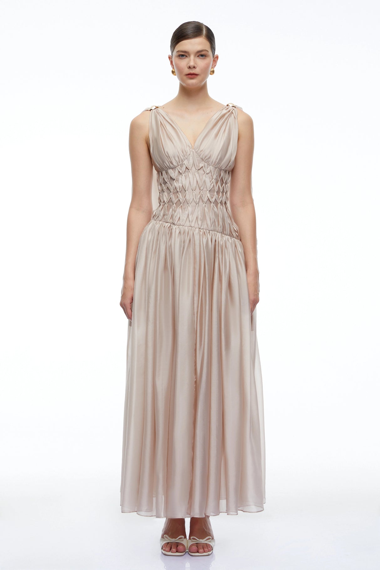 Ismerie Champagne VNeck Ruched Maxi Dress