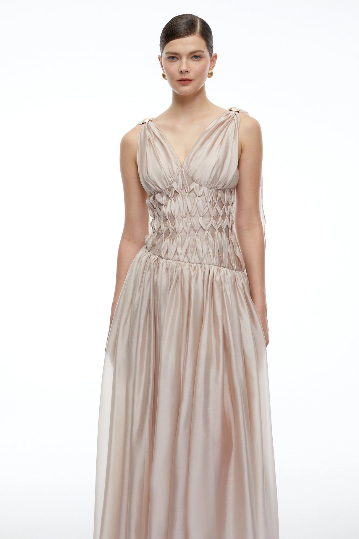 Ismerie Champagne VNeck Ruched Maxi Dress