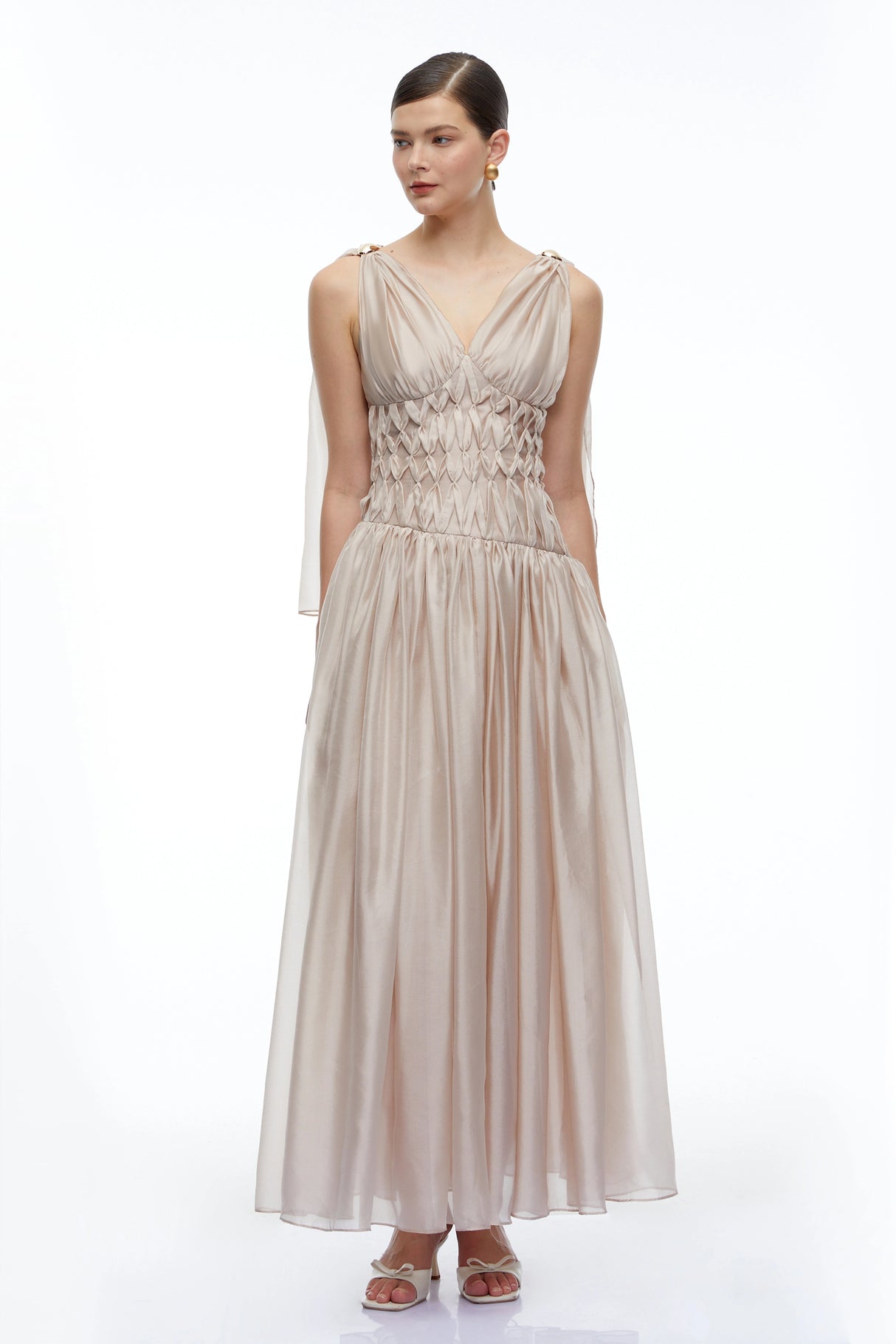 Ismerie Champagne VNeck Ruched Maxi Dress