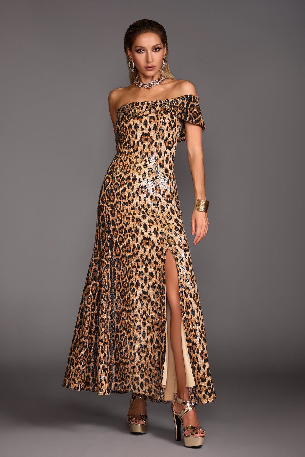 Ivana Beige Sequin Animal Print Off-the-Shoulder Maxi Dress