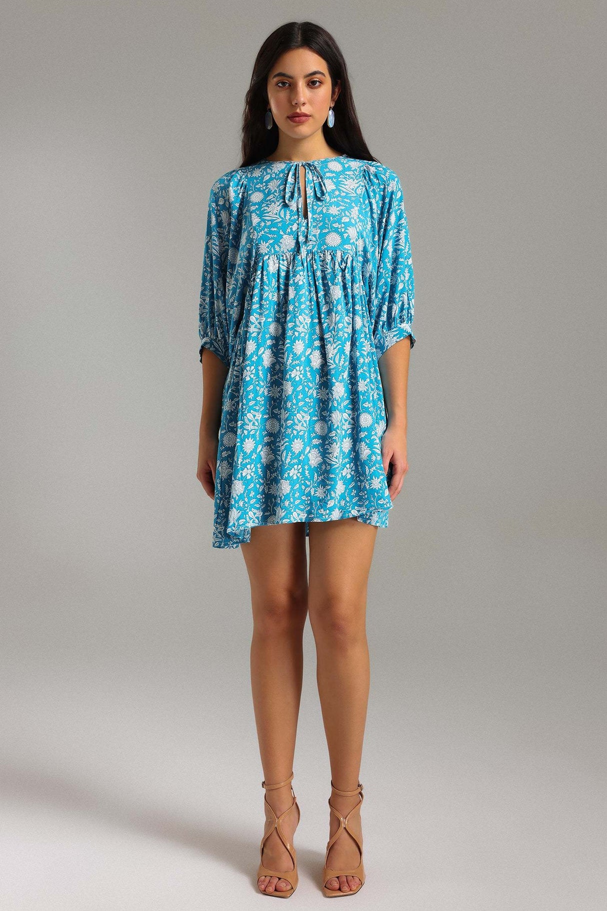 Ivana Blue Floral Mini Dress with Tie Neckline and Billowy Sleeves