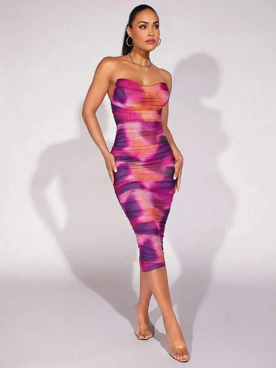 Ivana Midi Dress - Strapless Neckline - Night Out Style - Pencil Hem - Natural Waist - Elegant Tie Dye Design