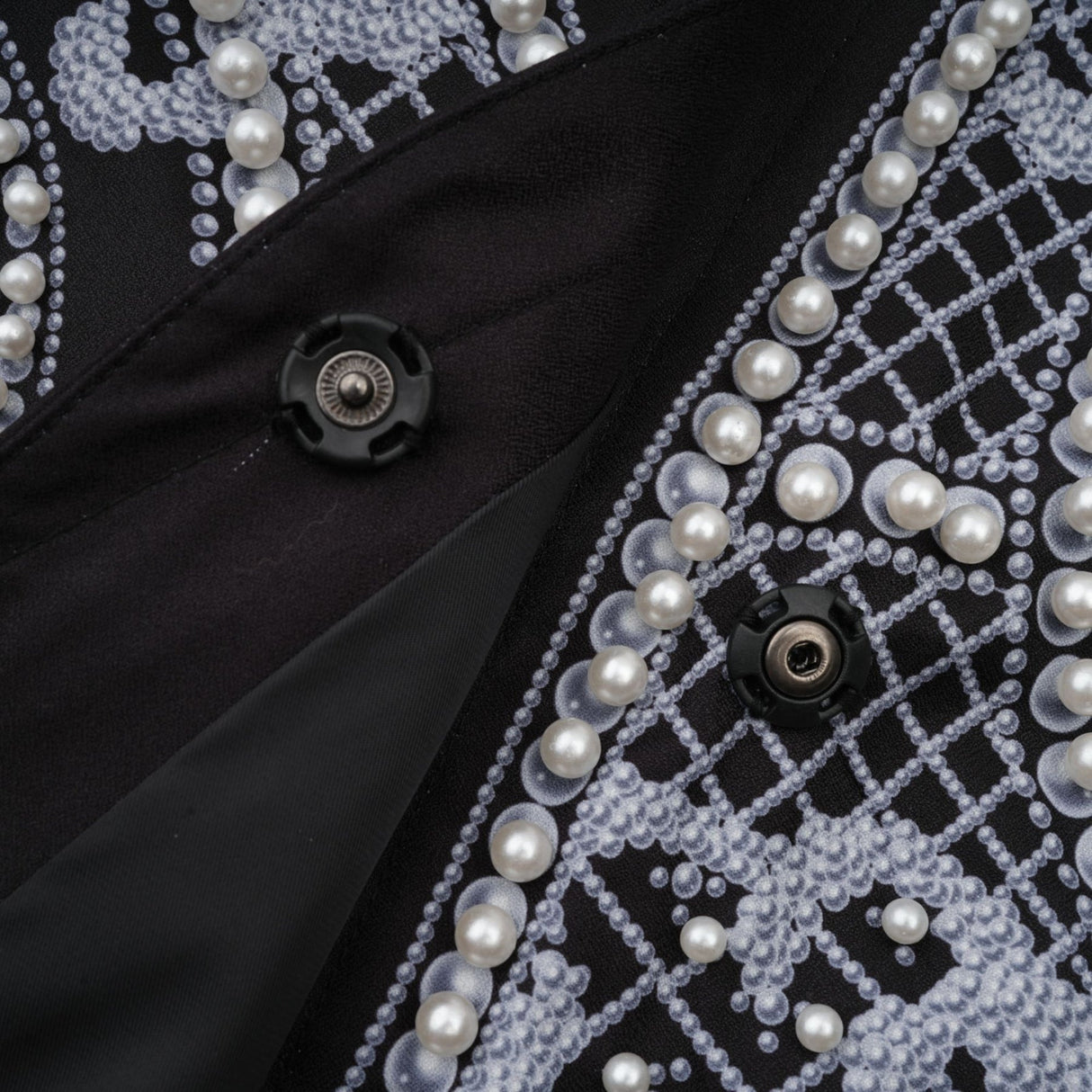 Ivanka Fashion Blazer - V Neck - Pattern Print - Faux - Pearl Embellishment - Contrast Colors - Mini Length