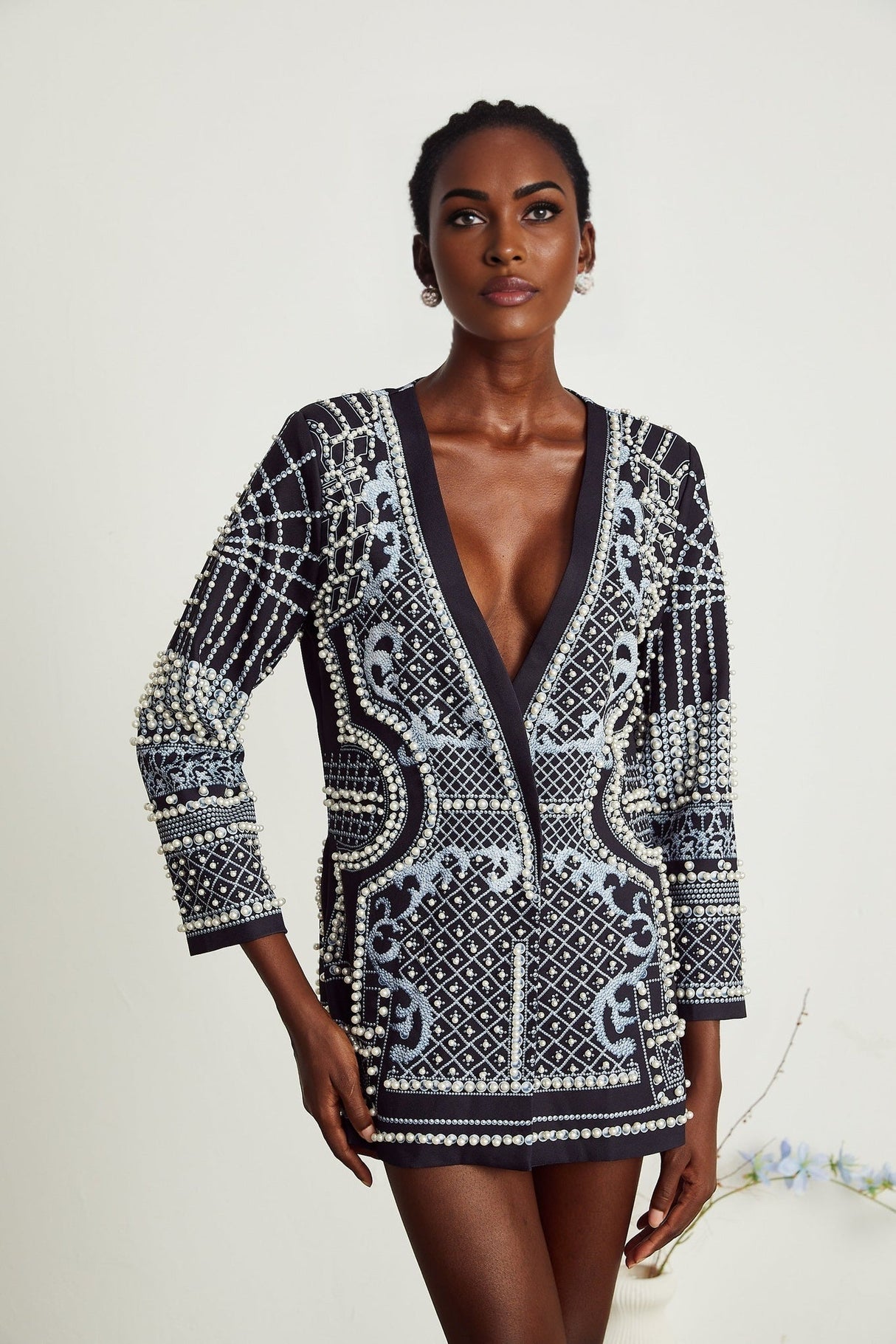 Ivanka Fashion Blazer - V Neck - Pattern Print - Faux - Pearl Embellishment - Contrast Colors - Mini Length