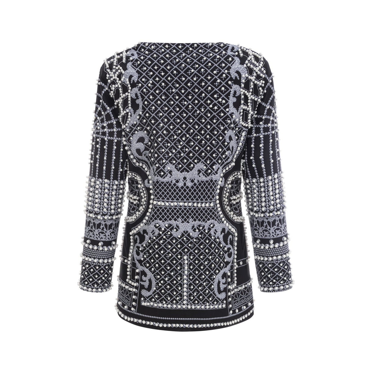 Ivanka Fashion Blazer - V Neck - Pattern Print - Faux - Pearl Embellishment - Contrast Colors - Mini Length