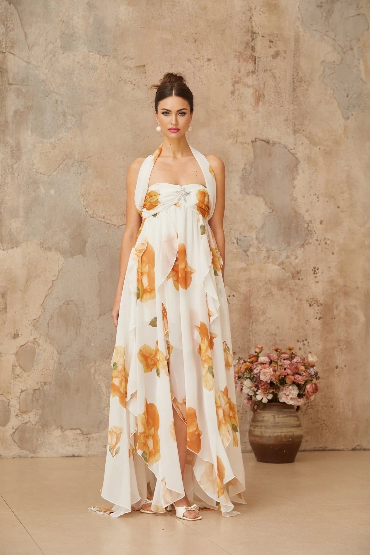 Ivanka Maxi Dress White Floral Ruffle Tulle Crystal Slit & Back Plaque