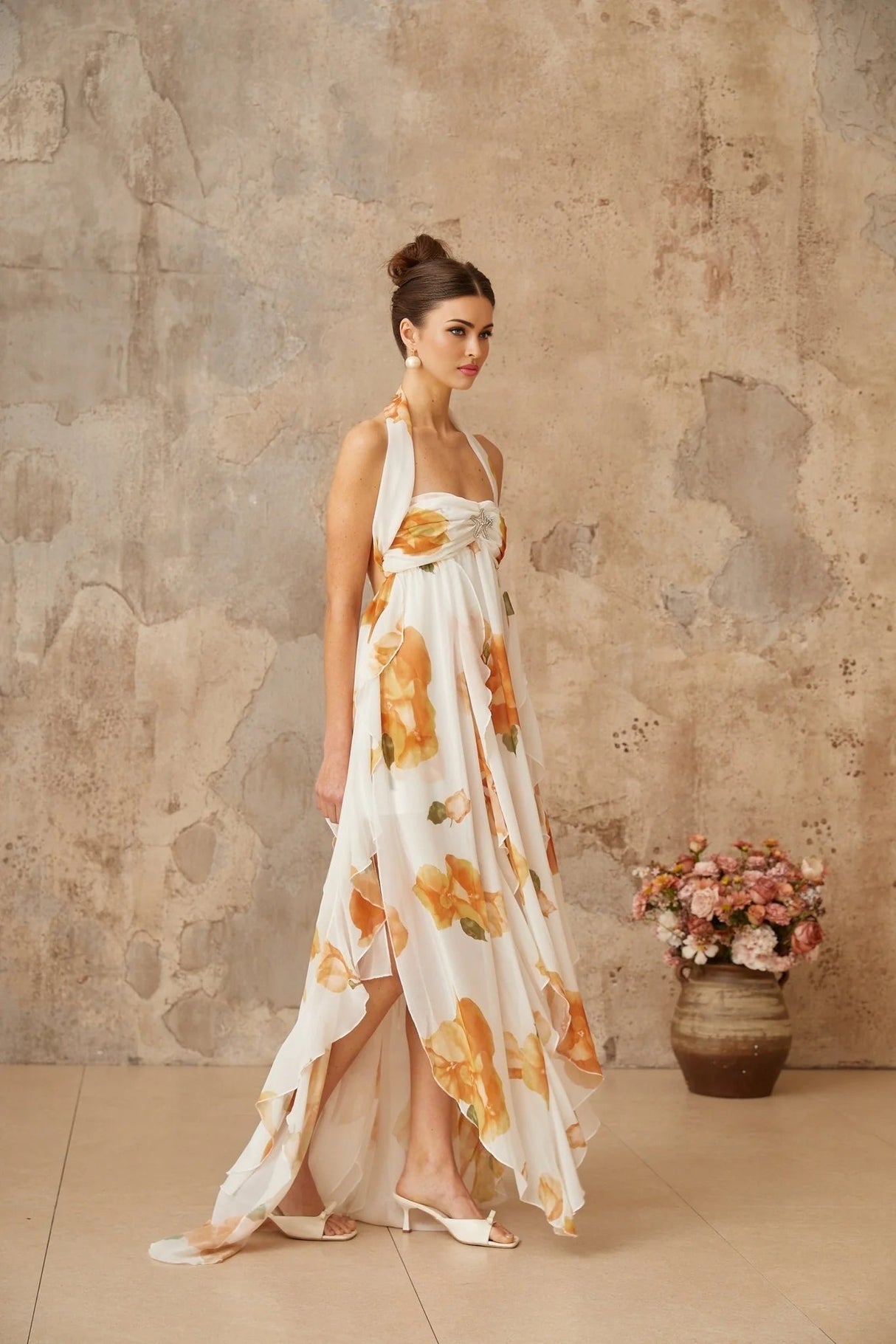 Ivanka Maxi Dress White Floral Ruffle Tulle Crystal Slit & Back Plaque