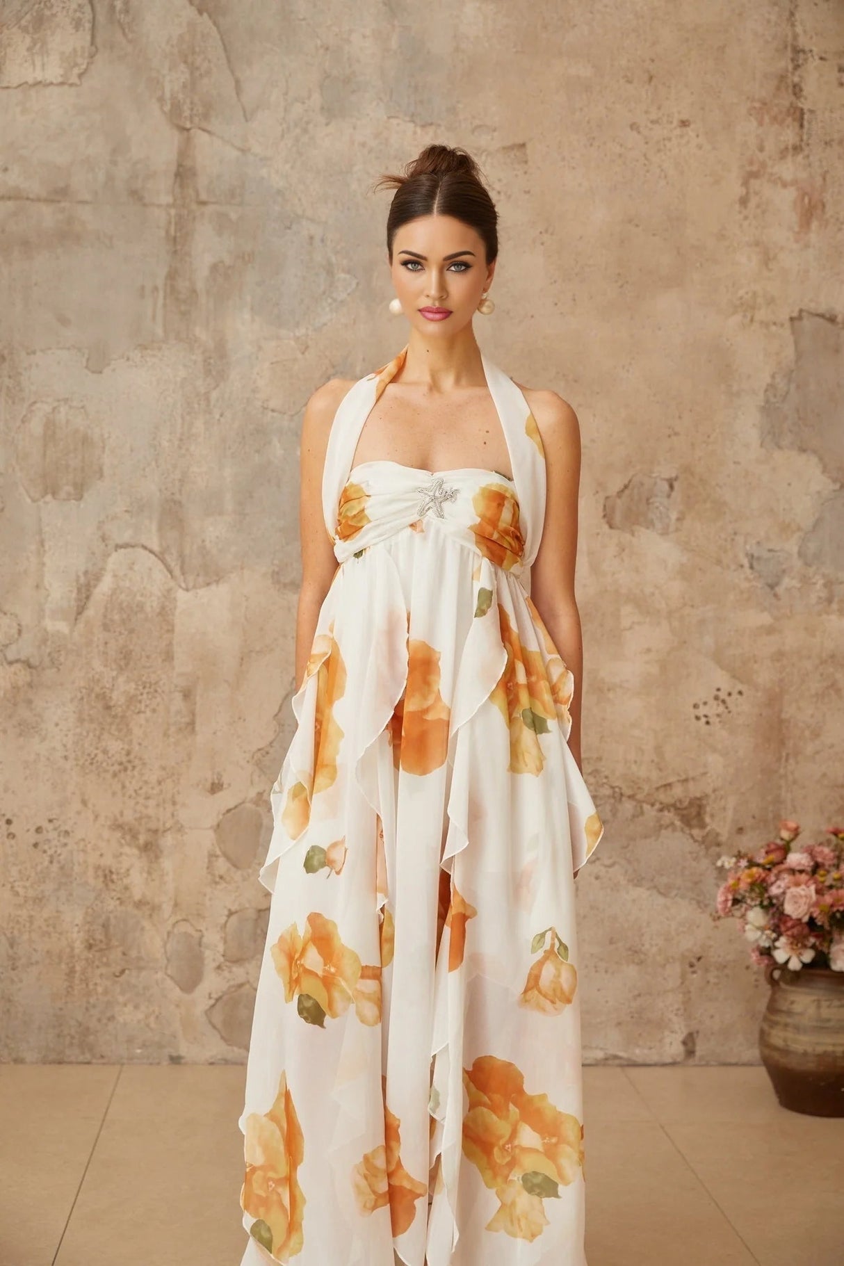 Ivanka Maxi Dress White Floral Ruffle Tulle Crystal Slit & Back Plaque