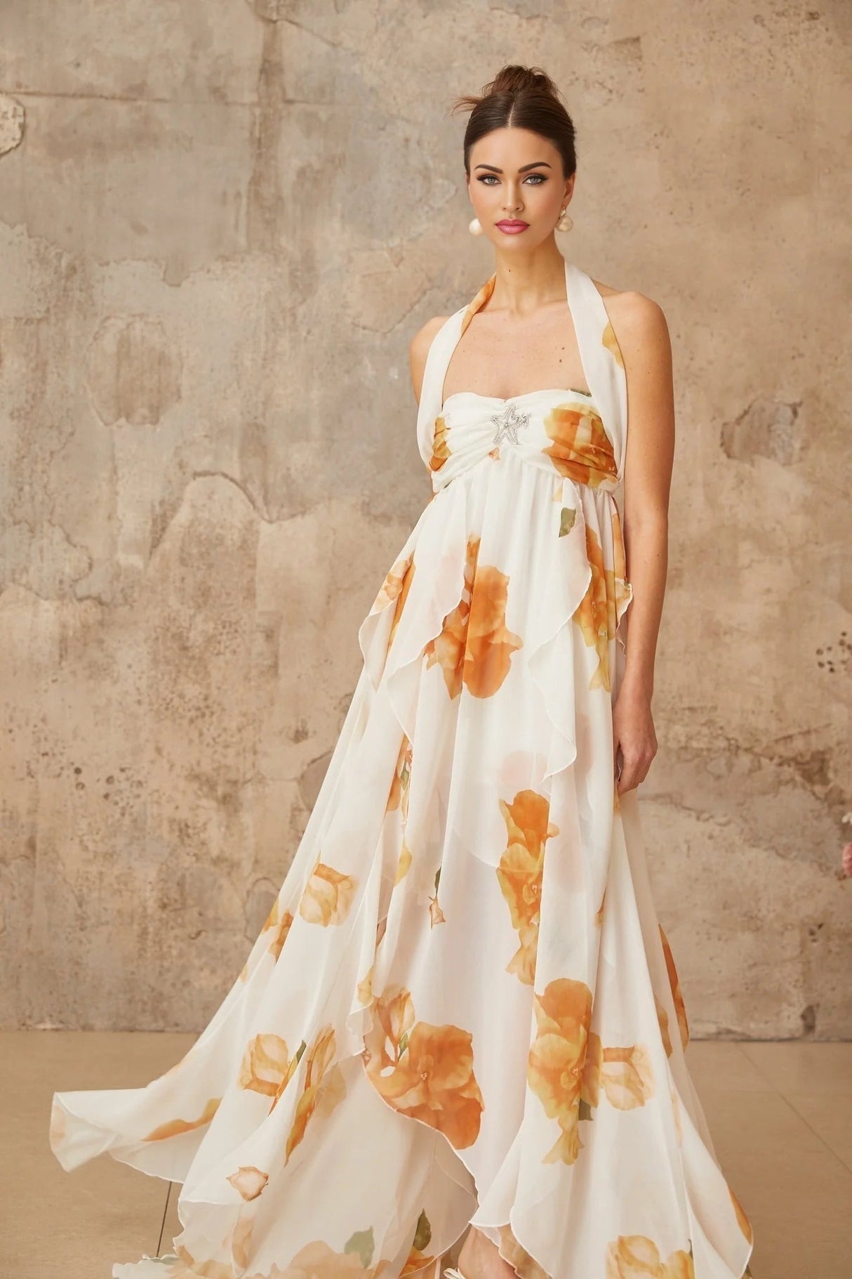 Ivanka Maxi Dress White Floral Ruffle Tulle Crystal Slit & Back Plaque