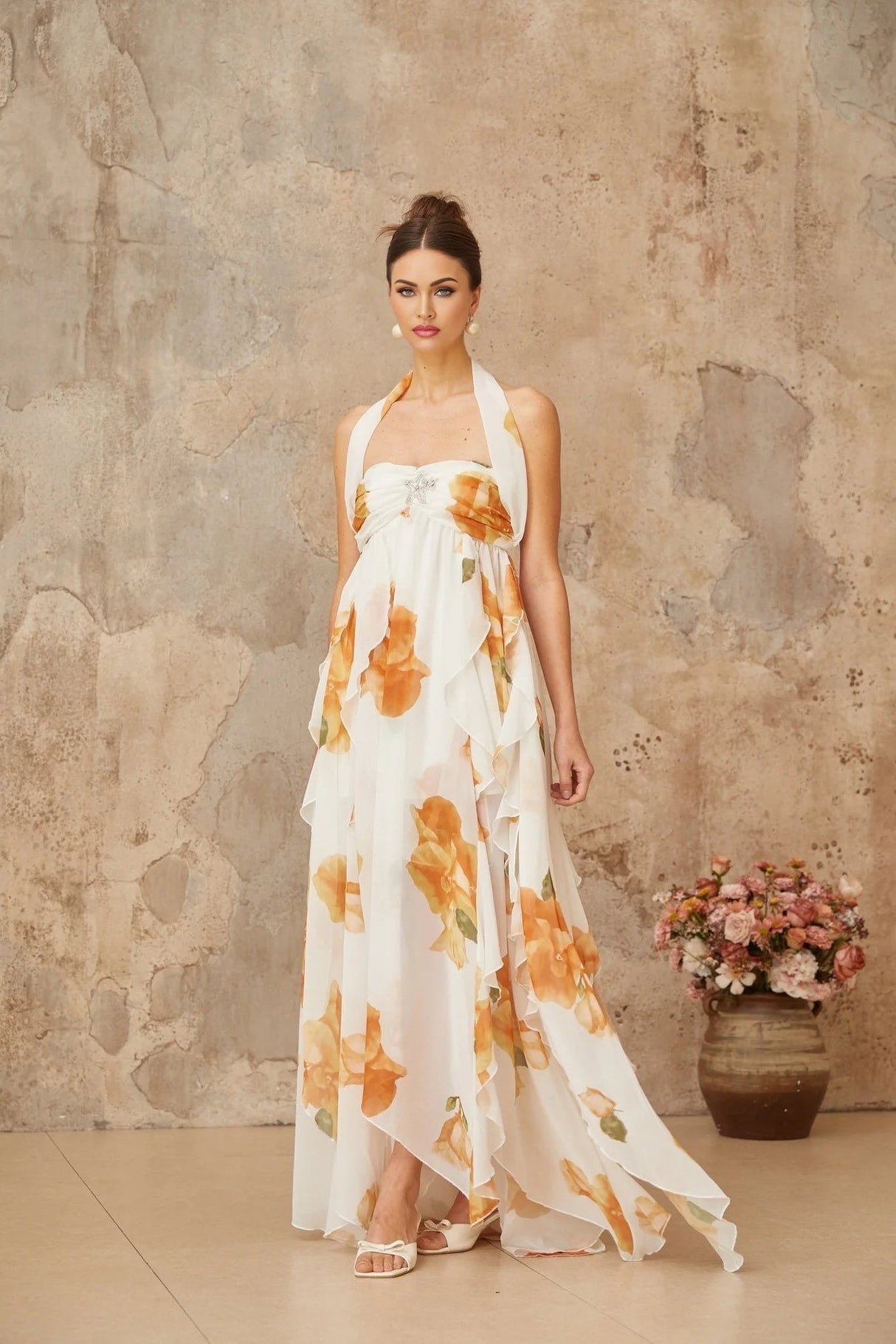 Ivanka Maxi Dress White Floral Ruffle Tulle Crystal Slit & Back Plaque