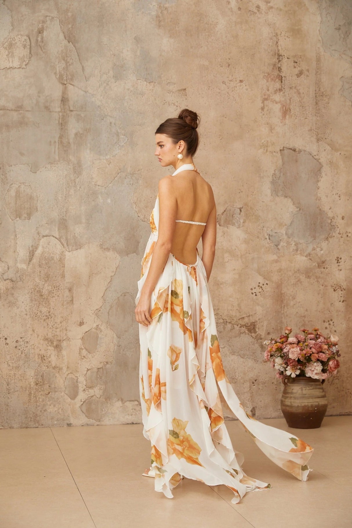 Ivanka Maxi Dress White Floral Ruffle Tulle Crystal Slit & Back Plaque