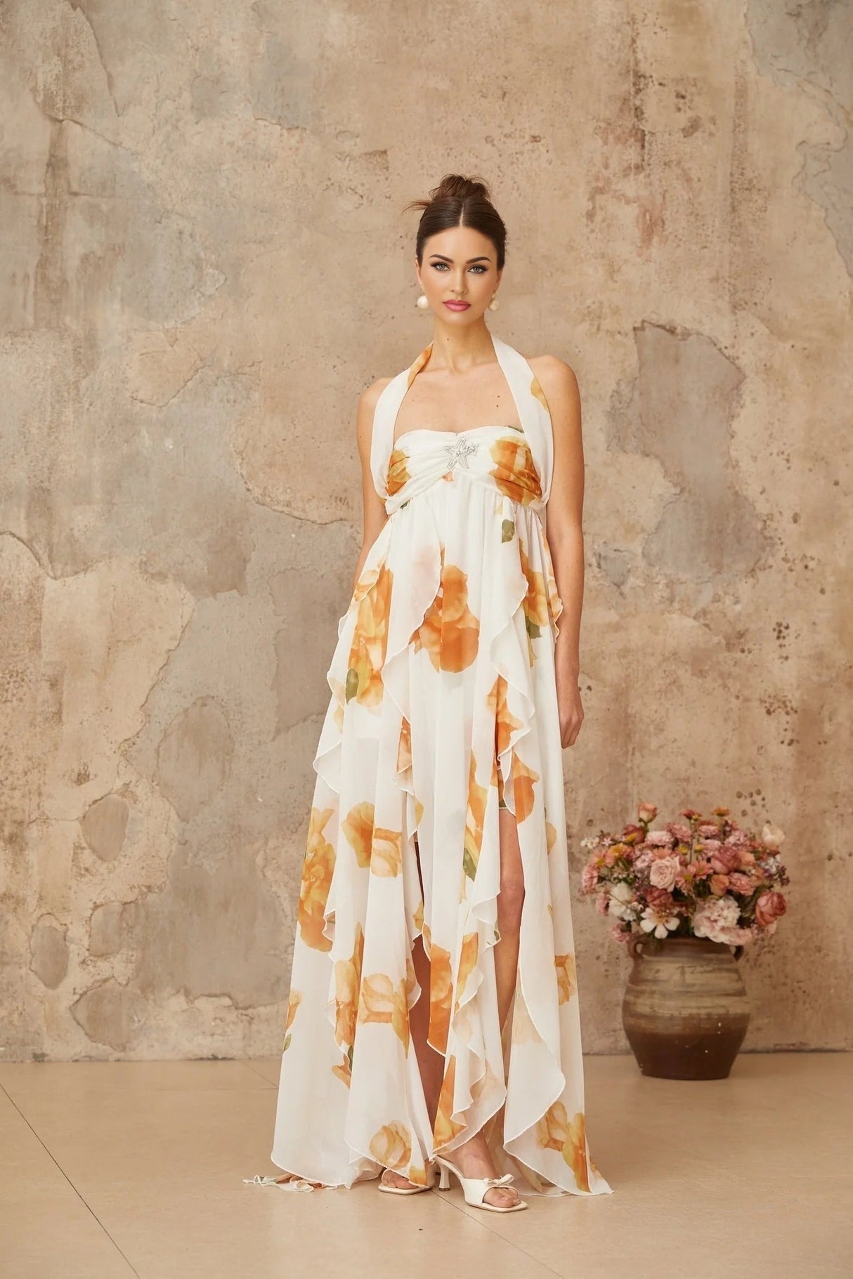Ivanka Maxi Dress White Floral Ruffle Tulle Crystal Slit & Back Plaque