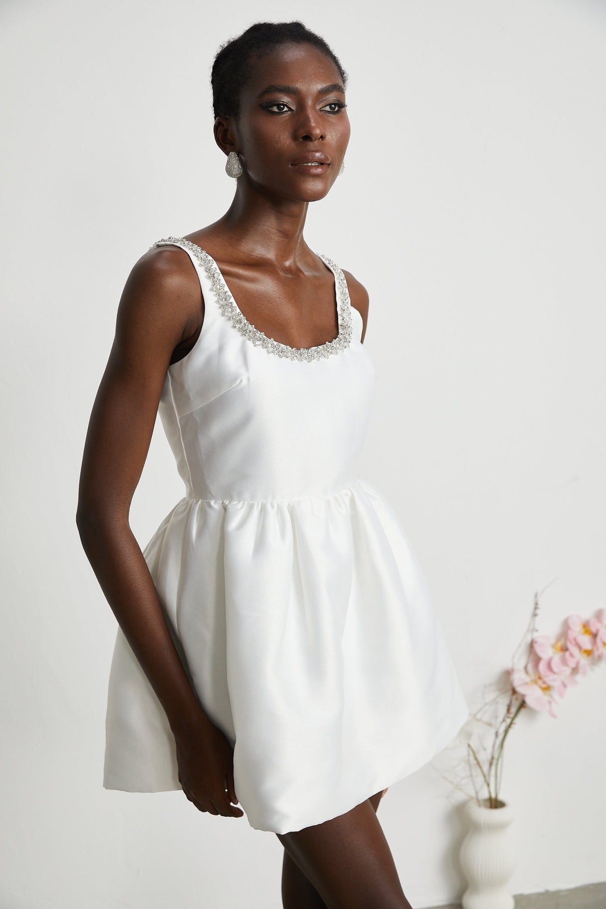 Ivanka Mini Dress Crystal Embellished Square Neck White