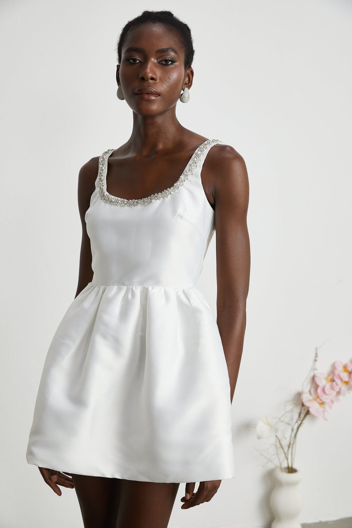 Ivanka Mini Dress Crystal Embellished Square Neck White