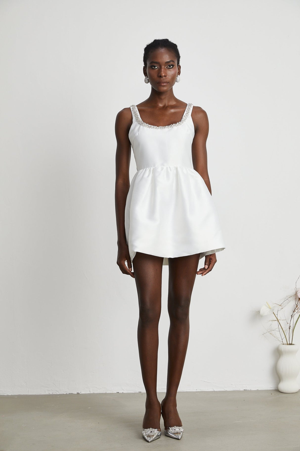 Ivanka Mini Dress Crystal Embellished Square Neck White