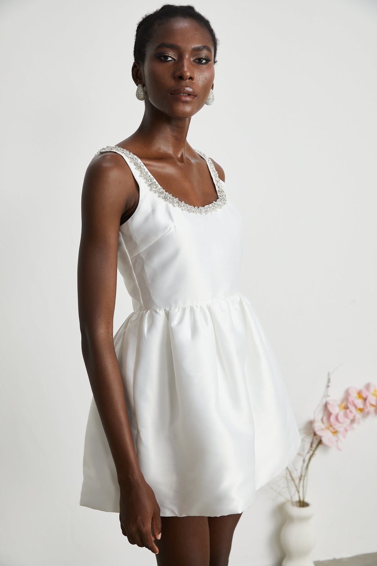 Ivanka Mini Dress Crystal Embellished Square Neck White