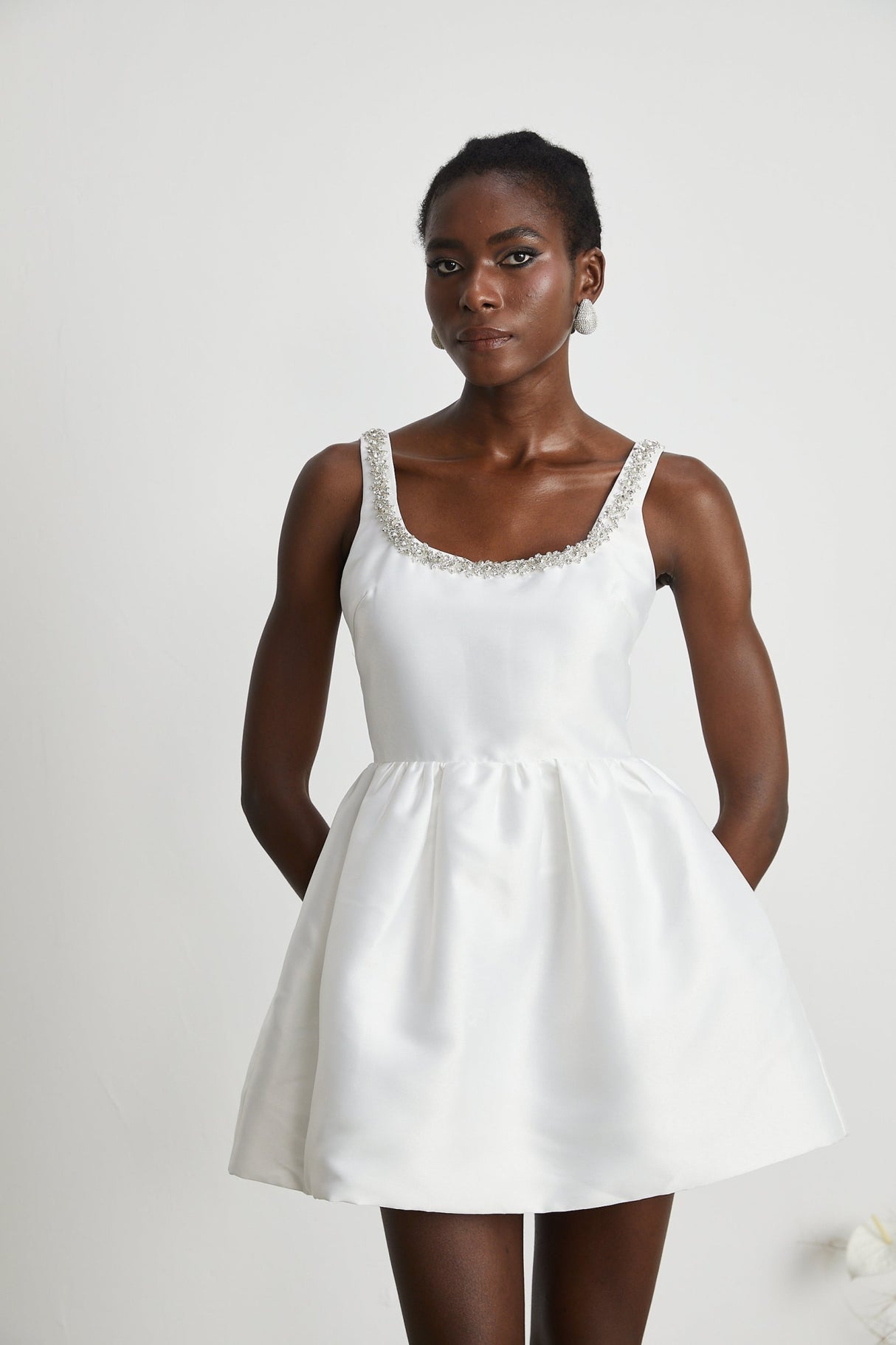 Ivanka Mini Dress Crystal Embellished Square Neck White