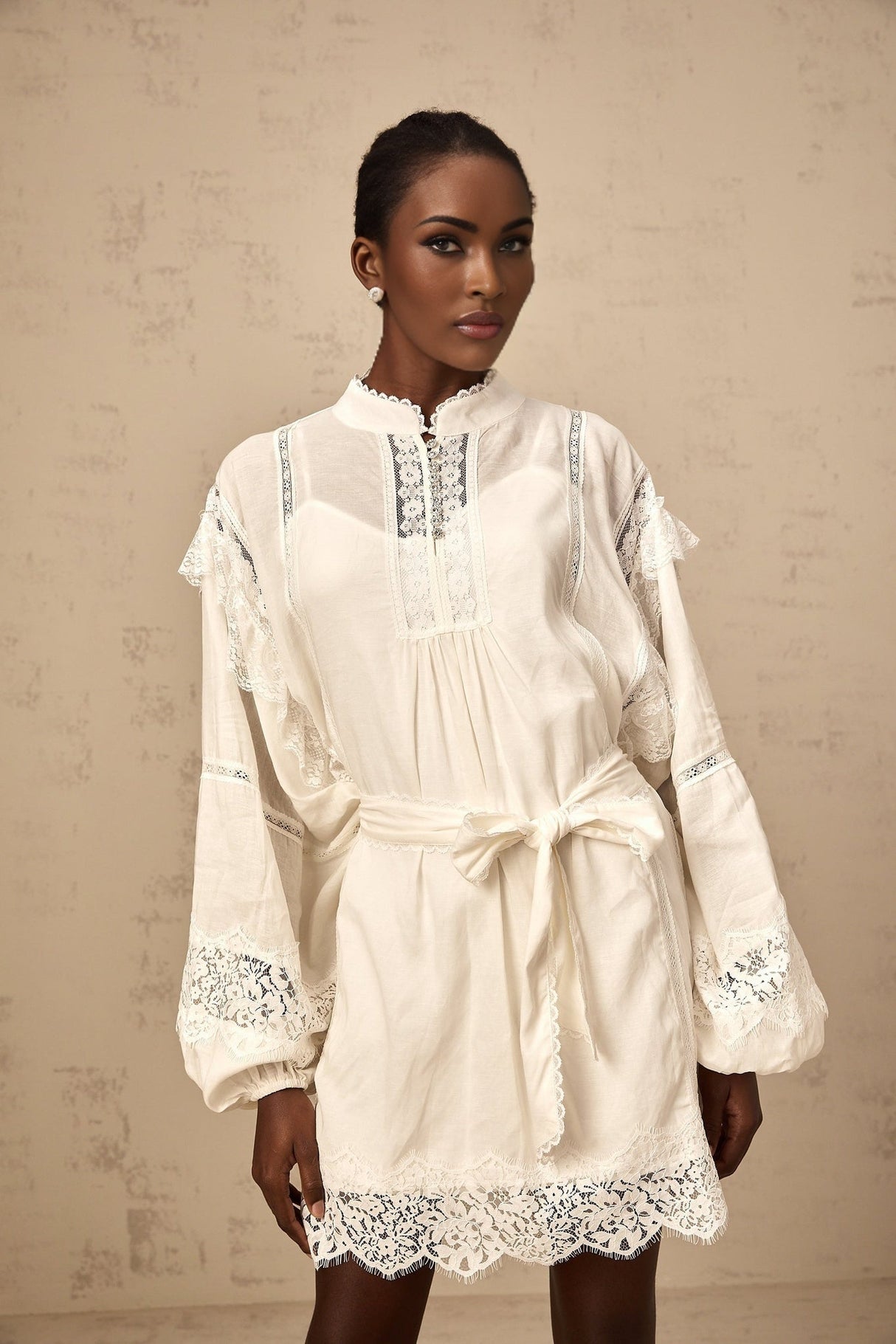 Ivanka Mini Dress White Floral Lace Ruffle Bow Trim