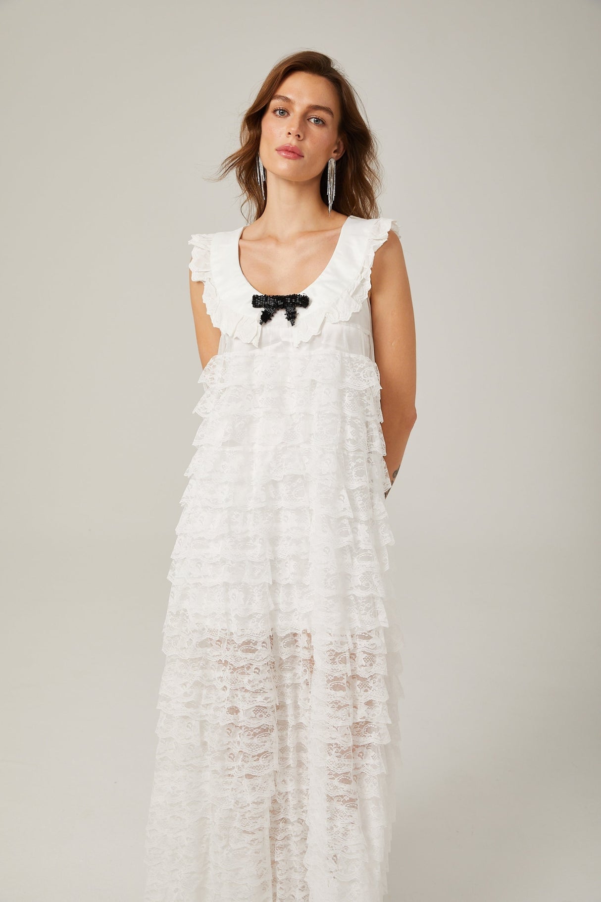 Ivanna Midi Dress White Lace Trim Tiered Ruffles Bowknot Zip Fastening