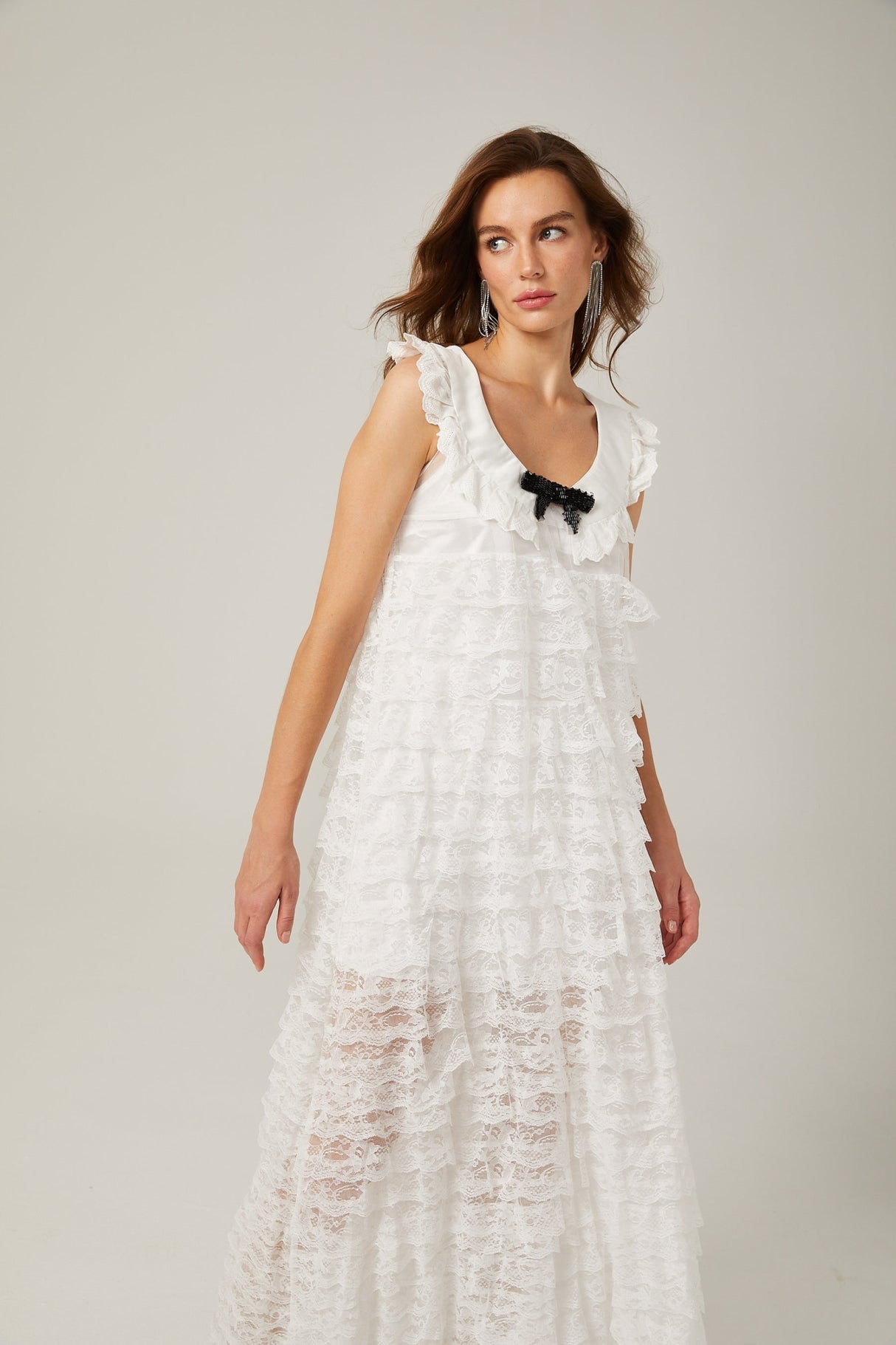 Ivanna Midi Dress White Lace Trim Tiered Ruffles Bowknot Zip Fastening
