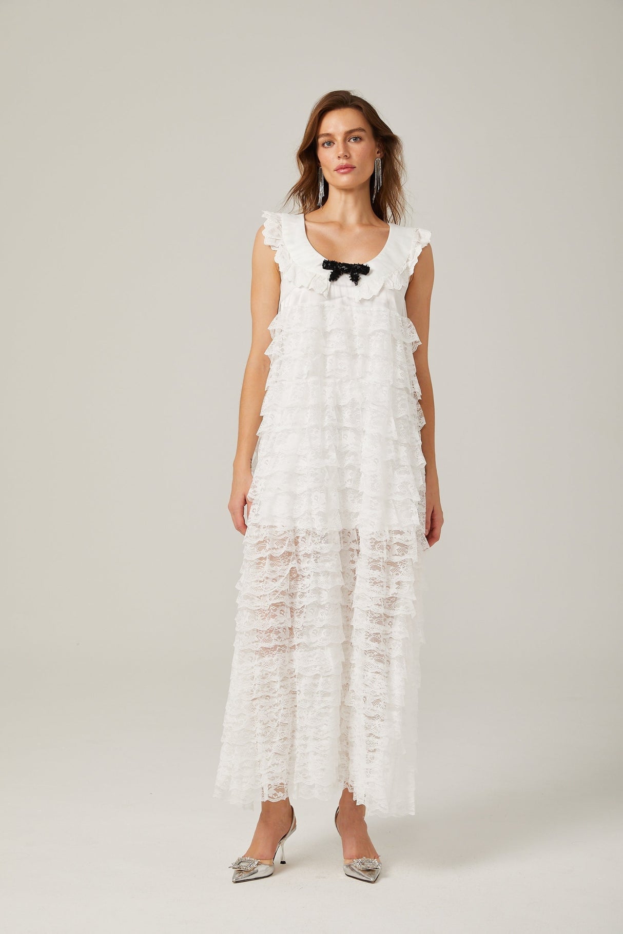 Ivanna Midi Dress White Lace Trim Tiered Ruffles Bowknot Zip Fastening