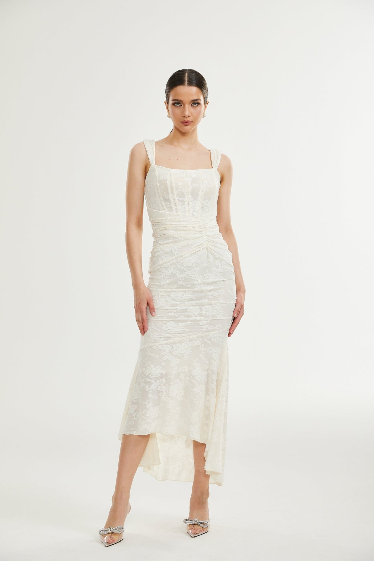 Ivory Jacquard Maxi Dress With Corset Detail